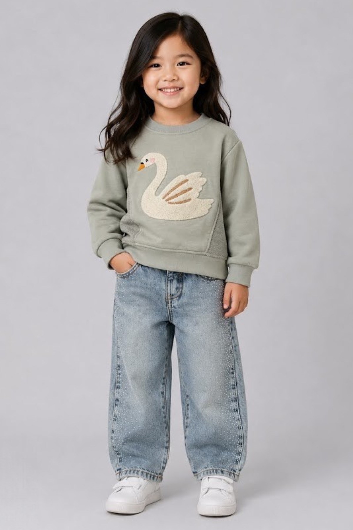 Escabel Kız Bebek 1-5 Yaş Taş İşlemeli Denim Pantolon Kot Mavi