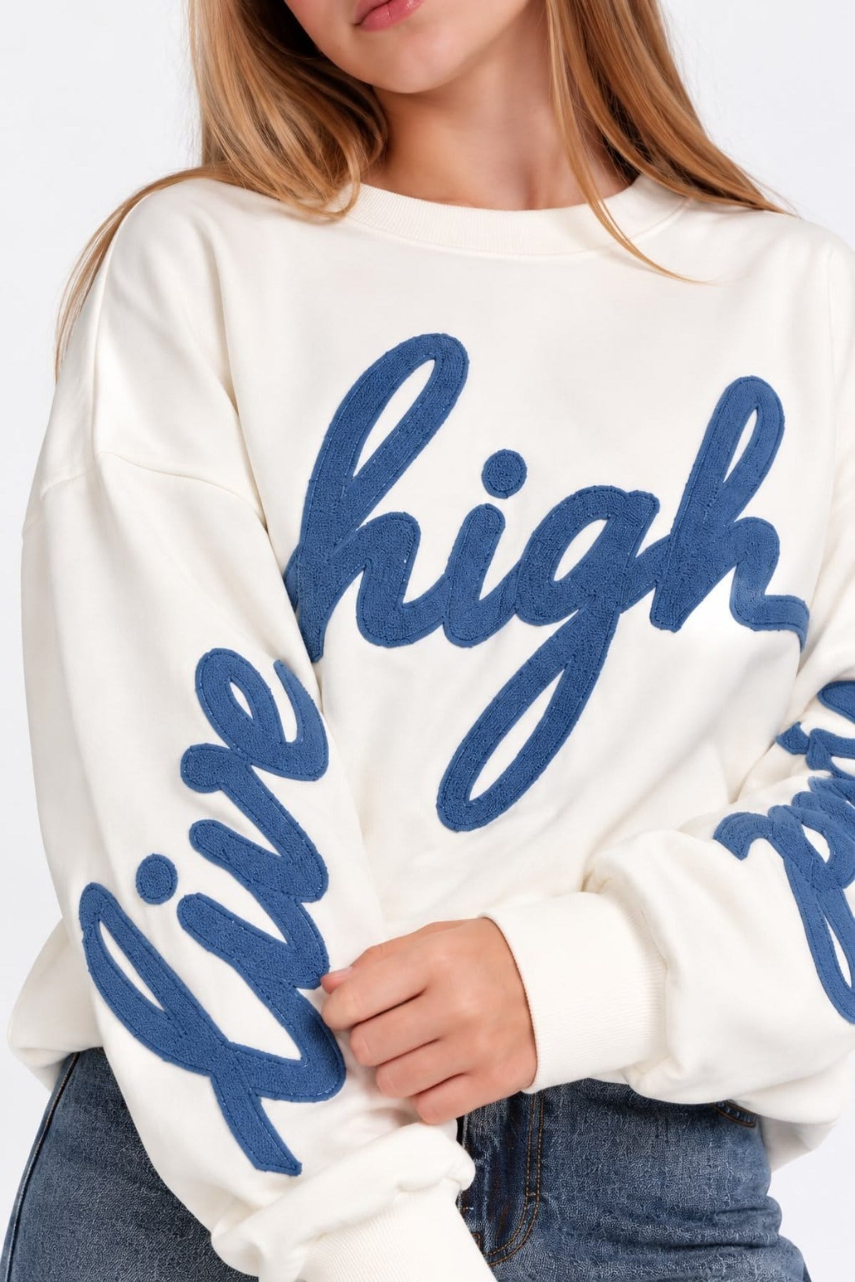 Escabel Kız Çocuk 10-14 Yaş Desenli Büzgülü Crop Sweatshirt Ekru