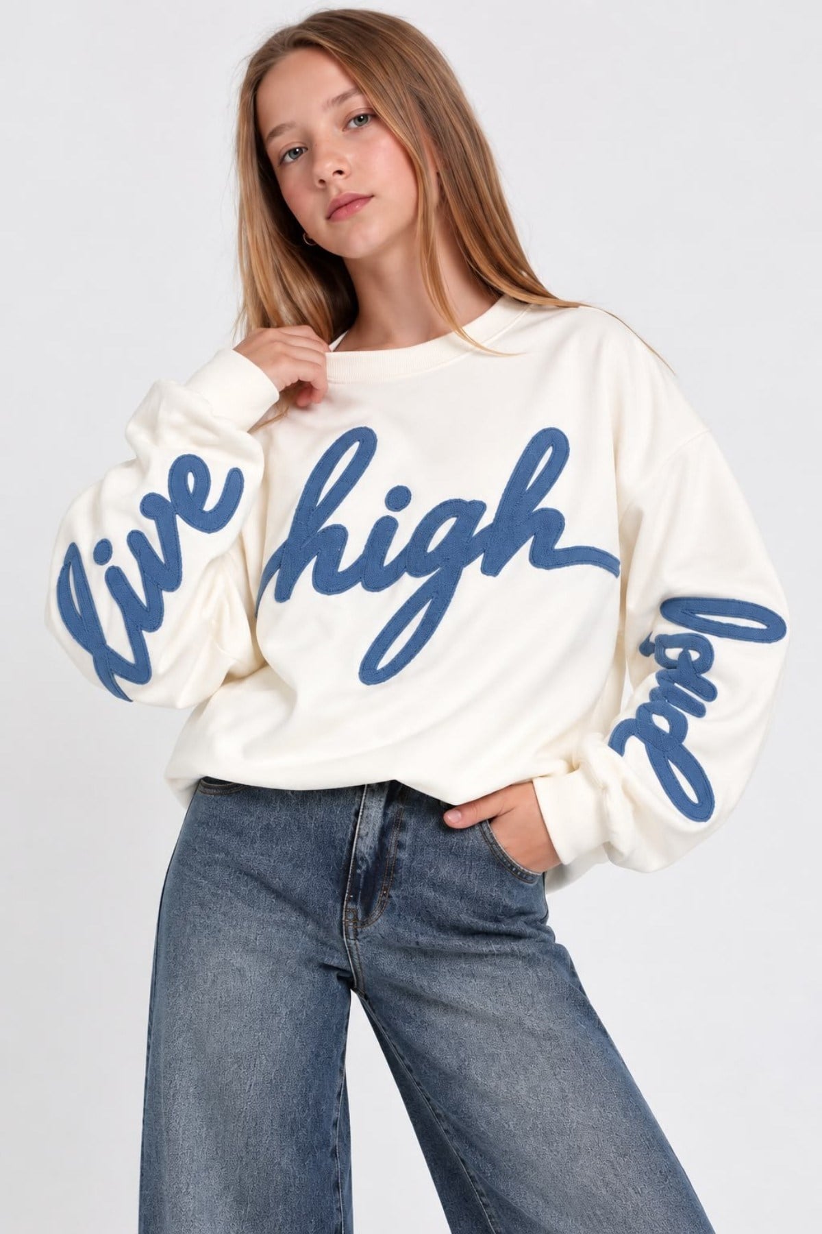 Escabel Kız Çocuk 10-14 Yaş Desenli Büzgülü Crop Sweatshirt Ekru