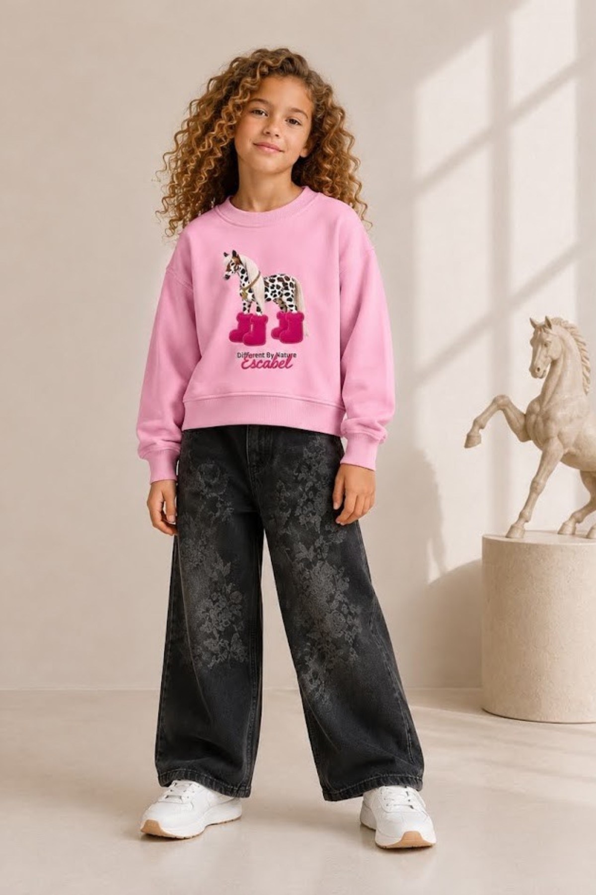 Escabel Kız Çocuk 4-14 Yaş Üç Boyutlu Desenli Sweatshirt Pembe