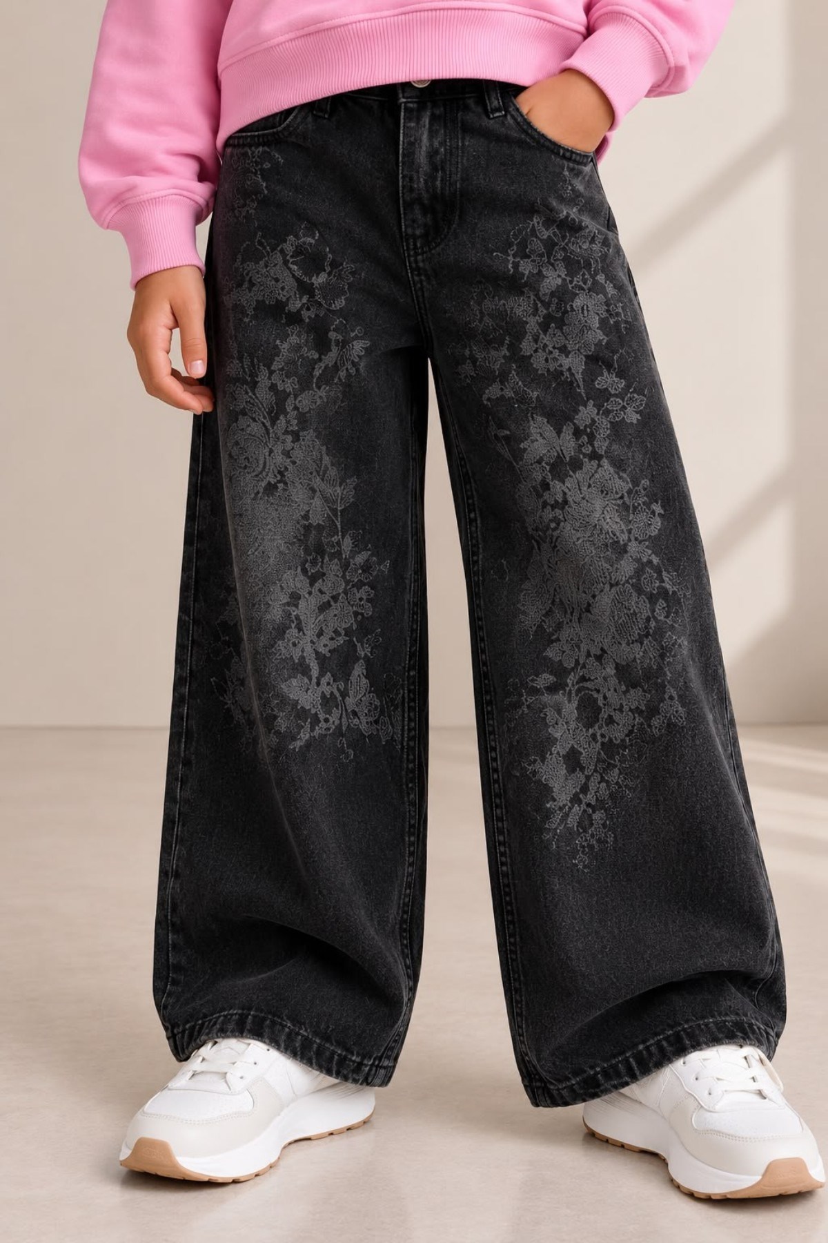 Escabel Kız Çocuk 5-14 Yaş Çiçek Desenli Palazzo Denim Pantolon Füme