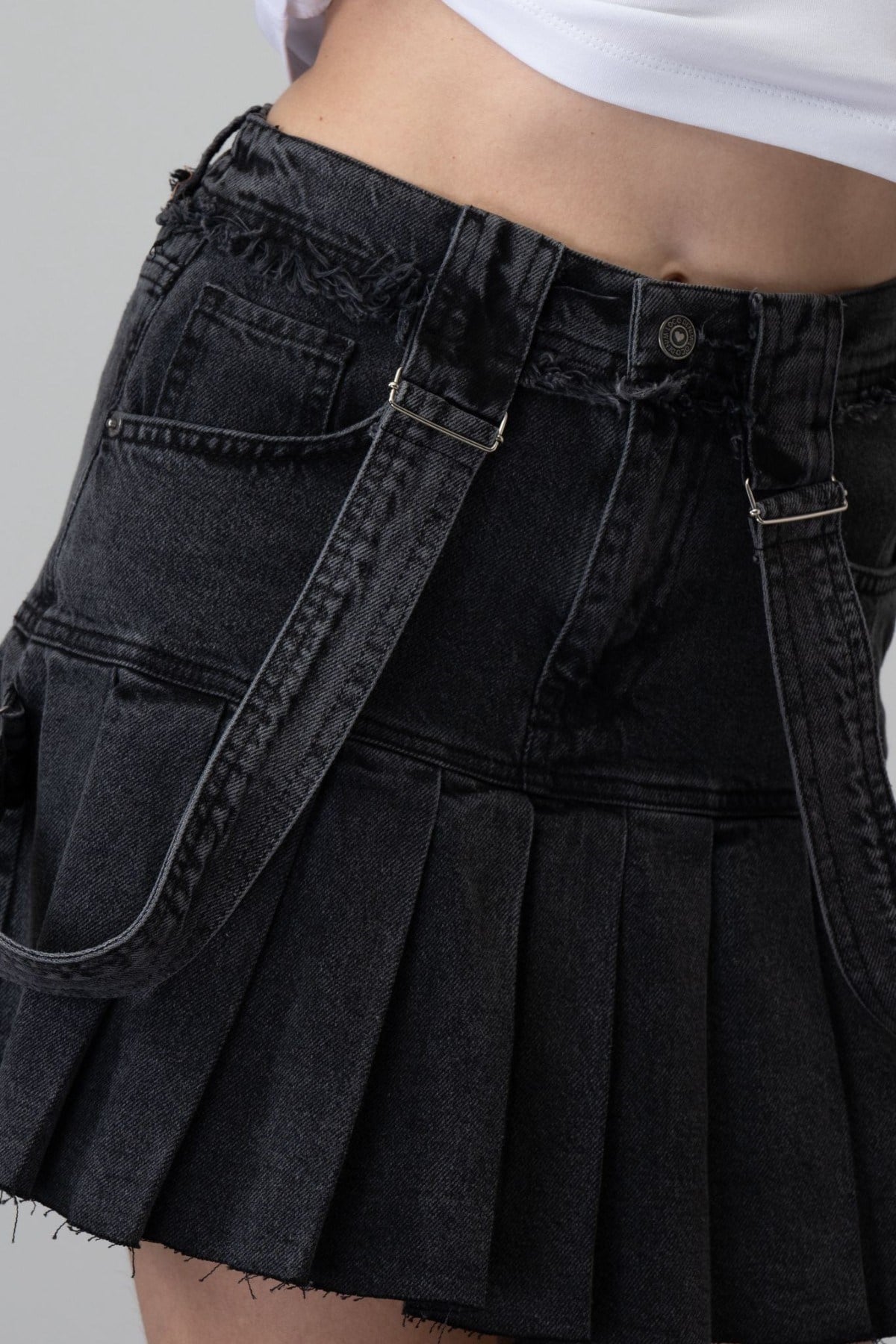 Loco Loco Kız Çocuk 8-15 Yaş Askılı Piliseli Denim  Etek Gri