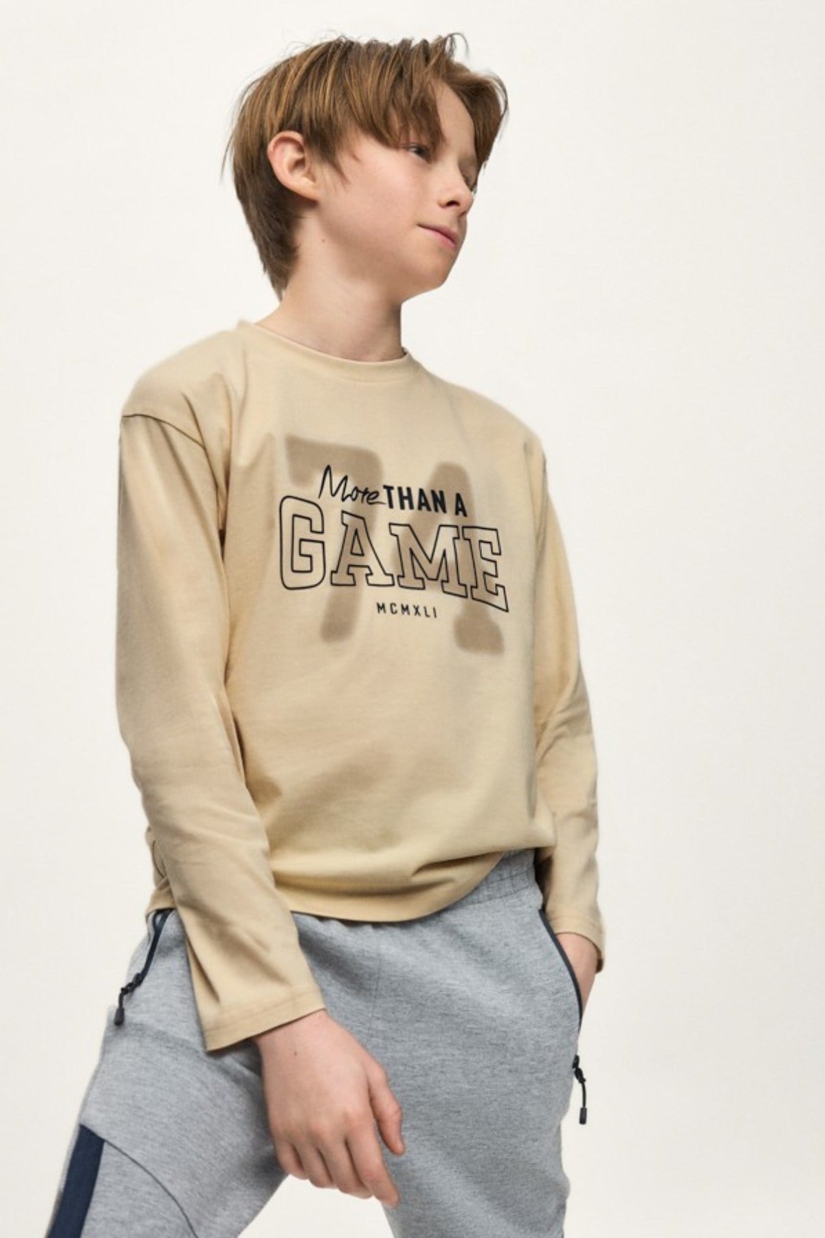 Mayoral Erkek Çocuk 10-18 Yaş Game Desenli Uzunkol T-shirt Bej
