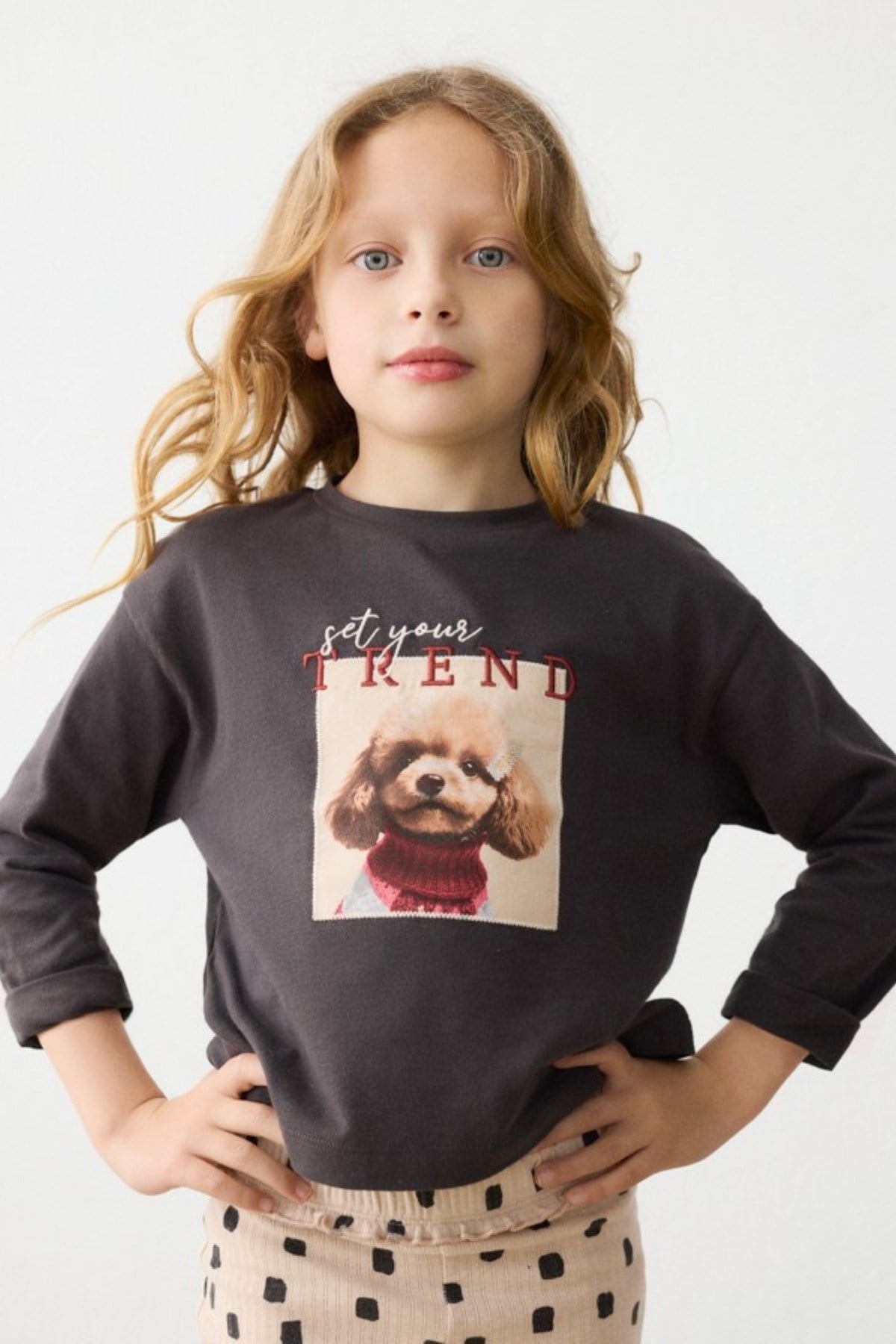 Mayoral Kız Çocuk 3-9 Yaş İşlemeli Mevsimlik Uzunkol T-Shirt Antrasit