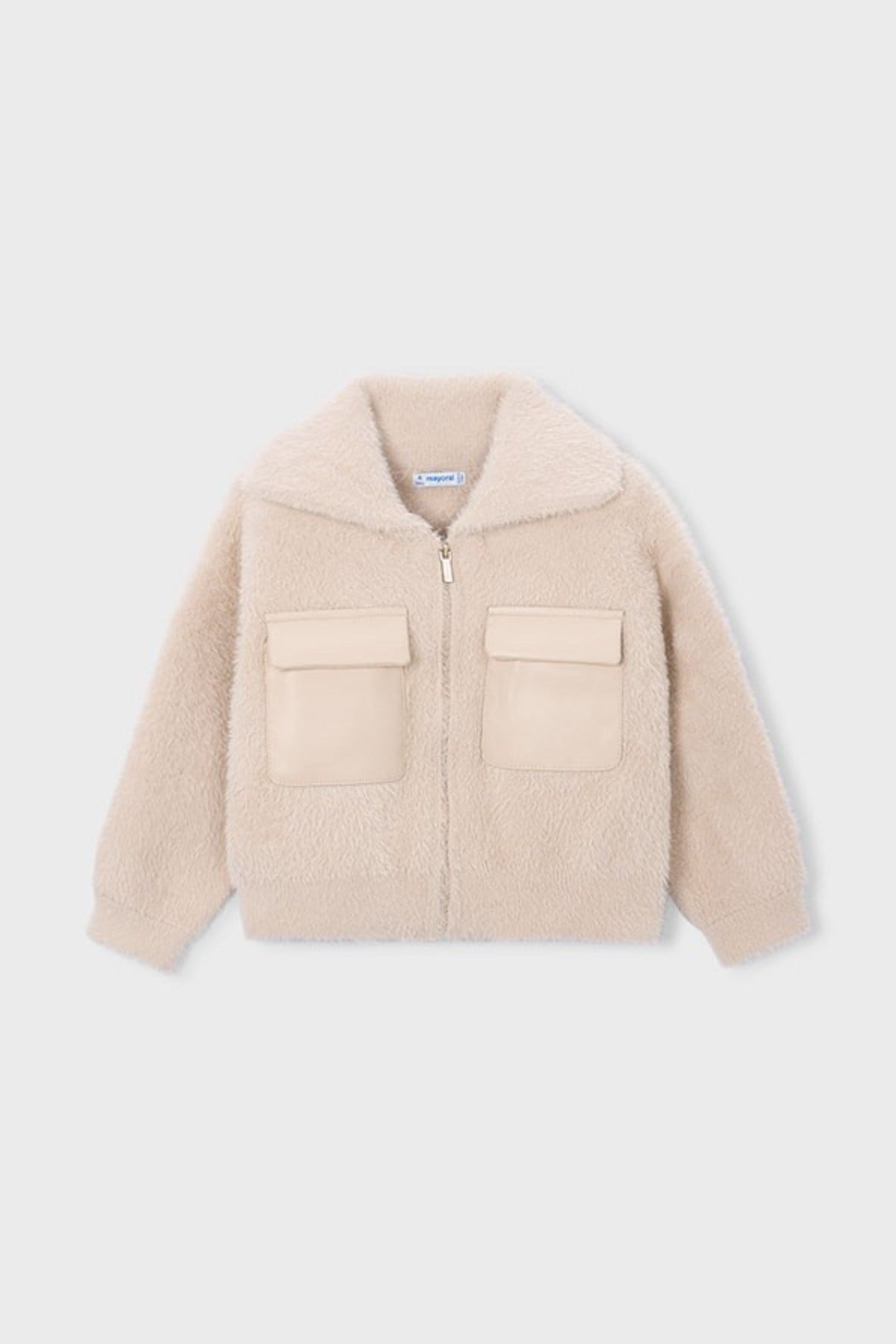 Mayoral Kız Çocuk 3-9 Yaş Peluş Cep Detaylı Crop Hırka Krem