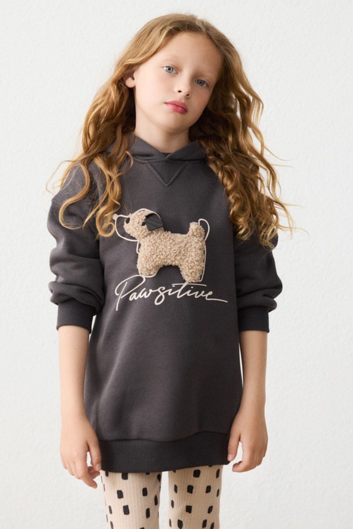 Mayoral Kız Çocuk 3-9 Yaş Polar Kapüşonlu Uzun Sweatshirt Antrasit