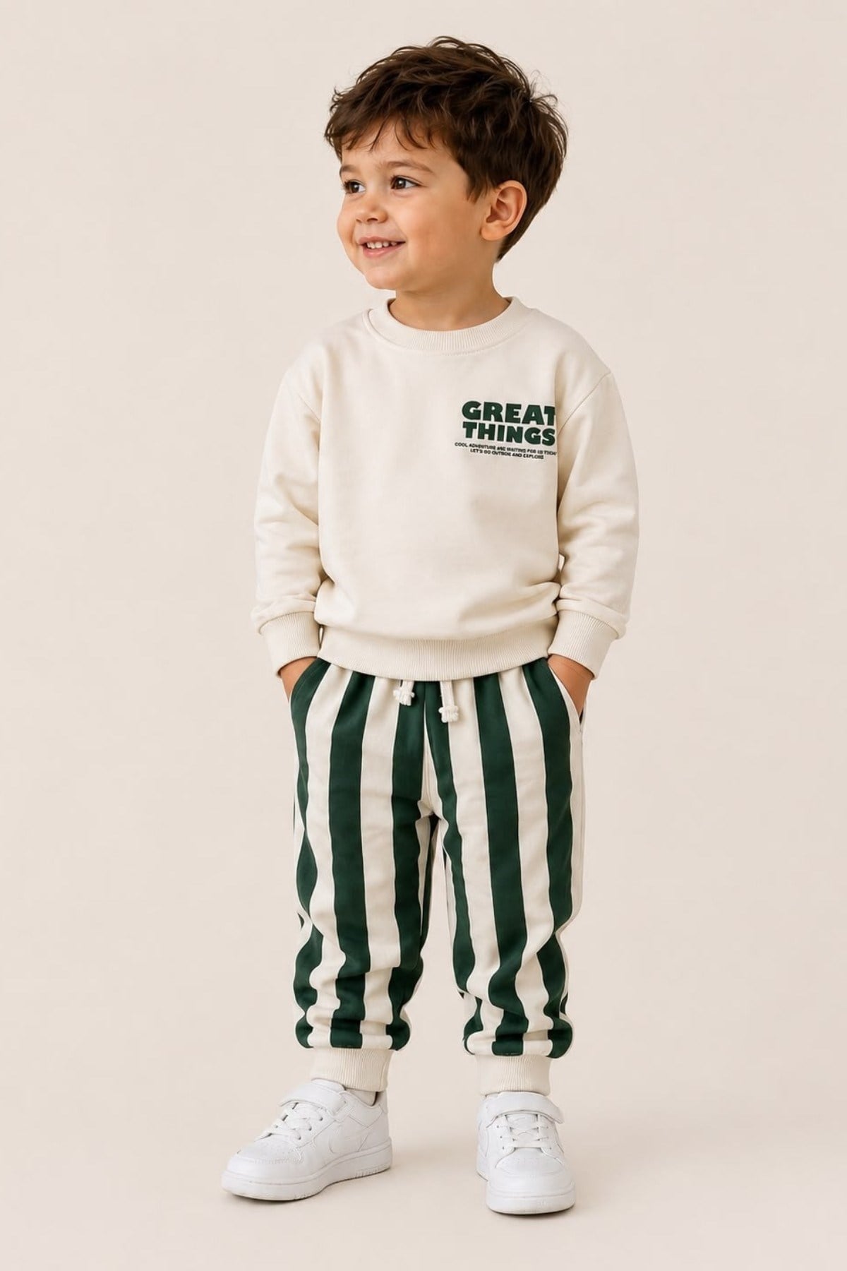 Mojo Erkek Bebek 1-4 Yaş Great New Day Baskılı Eşofman Takımı Krem-Haki