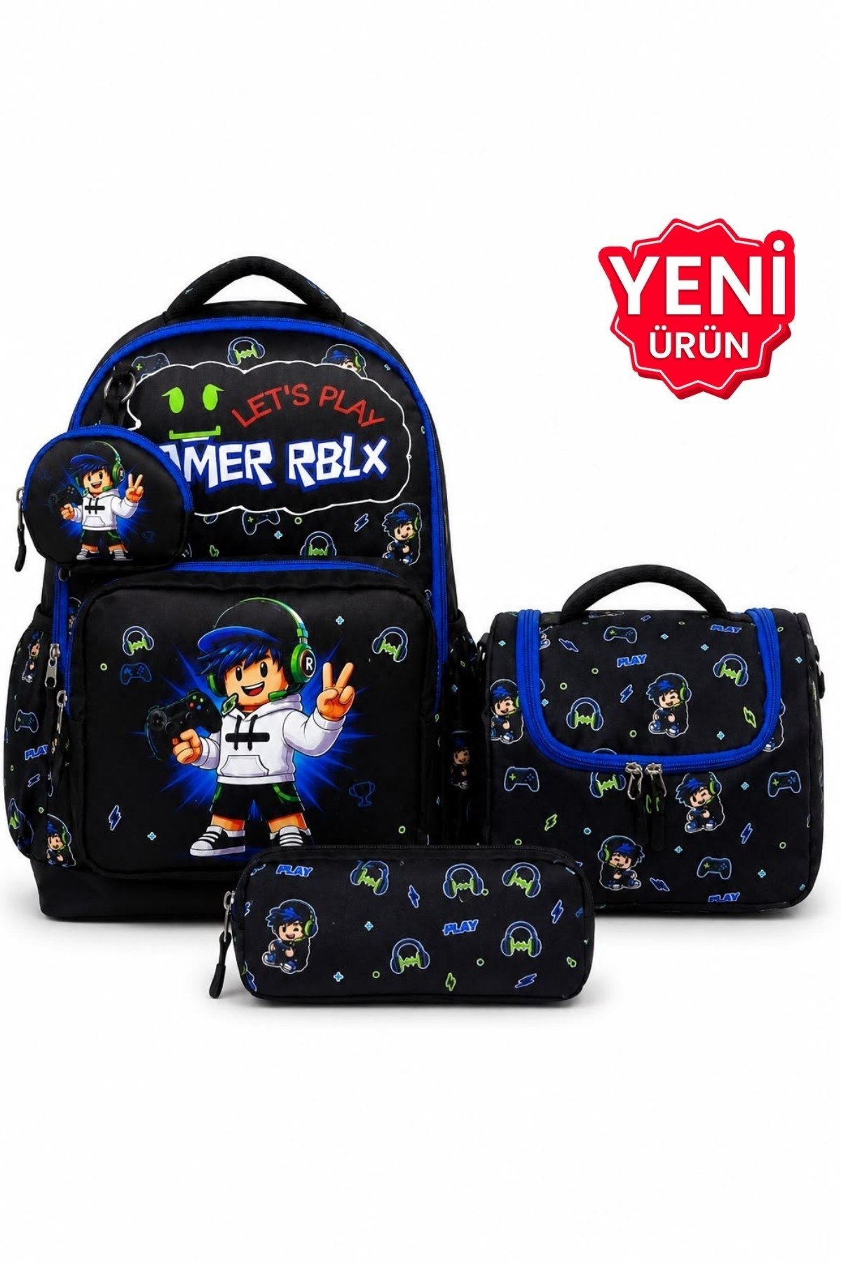 Mojo Erkek Çocuk İlkokul Boy Baskılı Su Geçirmez Okul Çanta- 4'lü Set Siyah