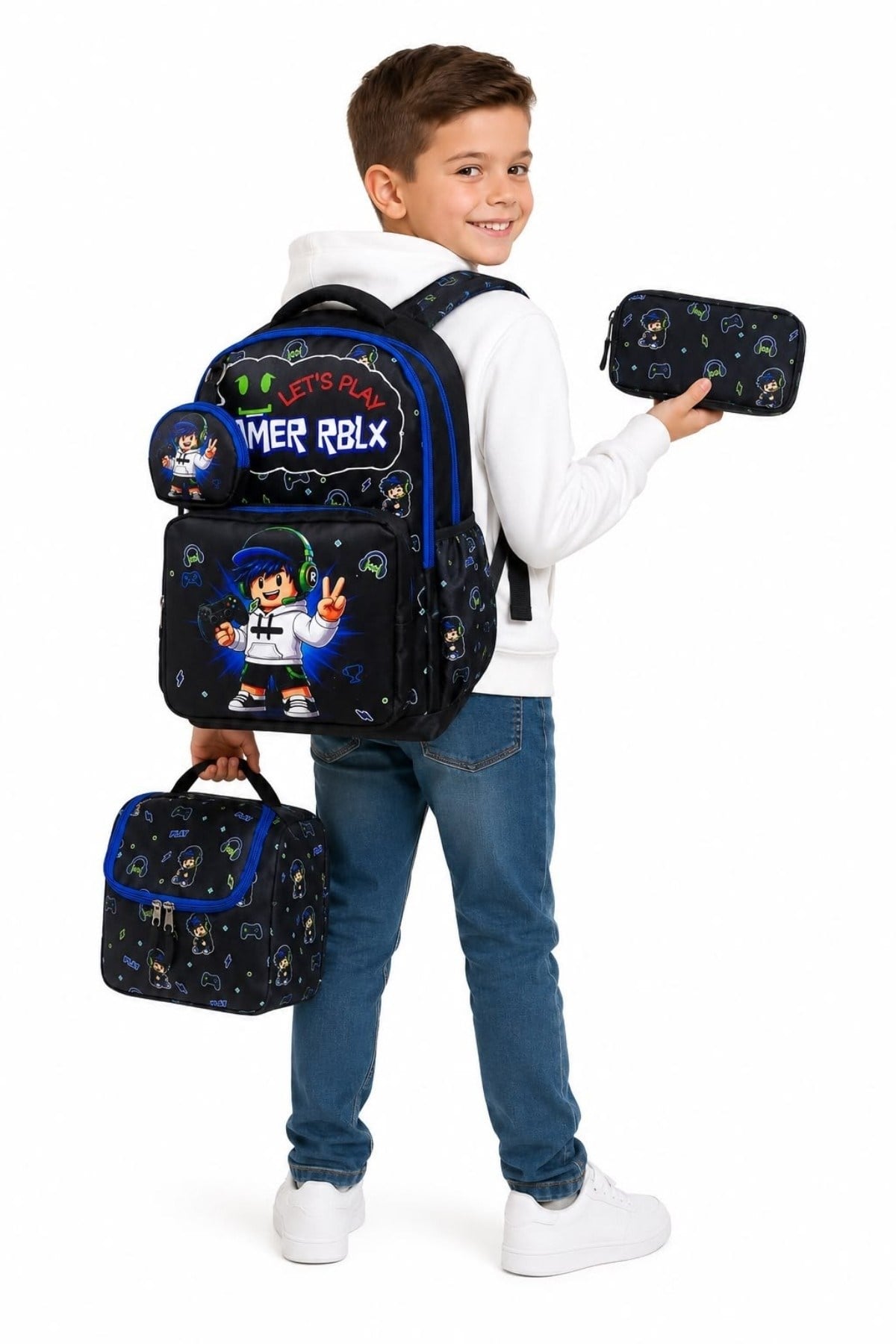 Mojo Erkek Çocuk İlkokul Boy Baskılı Su Geçirmez Okul Çanta- 4'lü Set Siyah