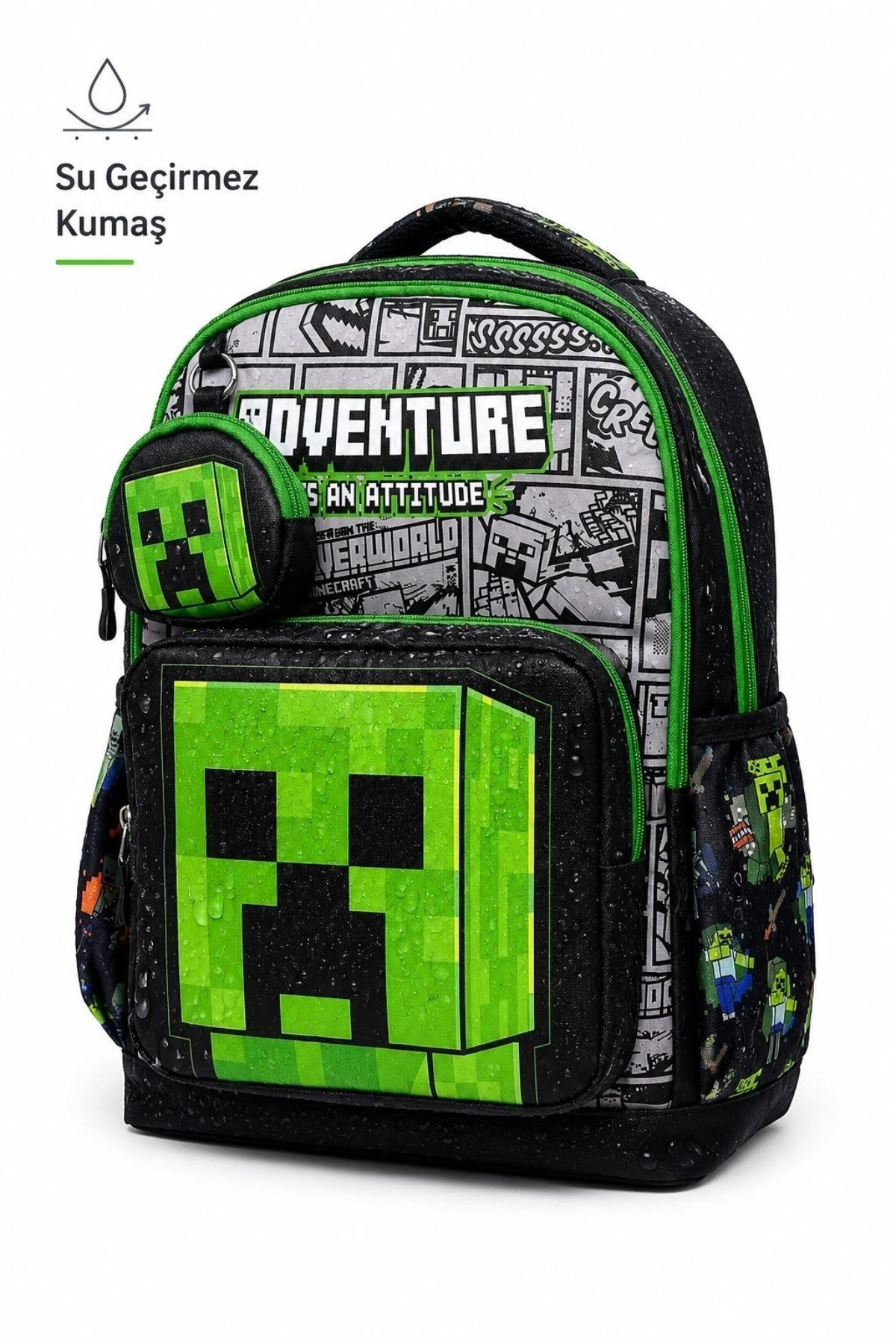 Mojo Erkek Çocuk İlkokul Boy Minecraft Baskılı Su Geçirmez Okul Çanta Yeşil