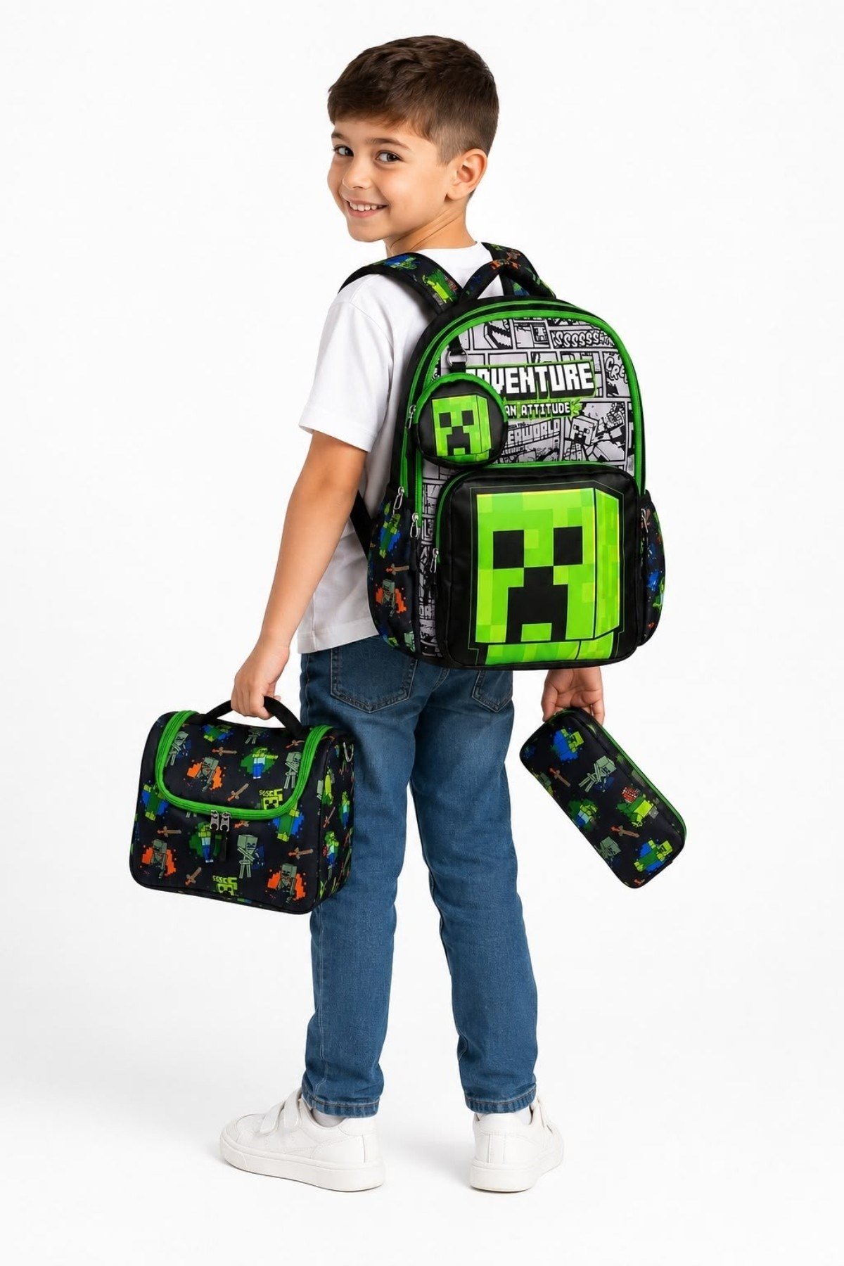 Mojo Erkek Çocuk İlkokul Boy Minecraft Baskılı Su Geçirmez Okul Çanta Yeşil