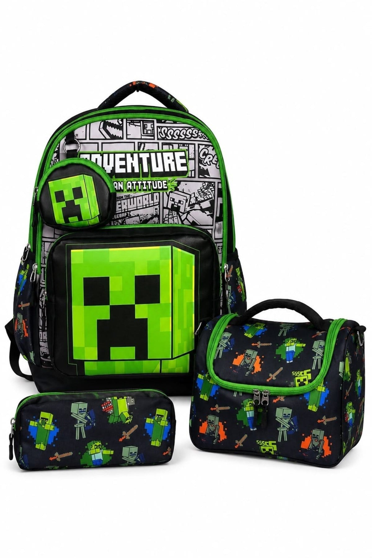 Mojo Erkek Çocuk İlkokul Boy Minecraft Baskılı Su Geçirmez Okul Çanta Yeşil