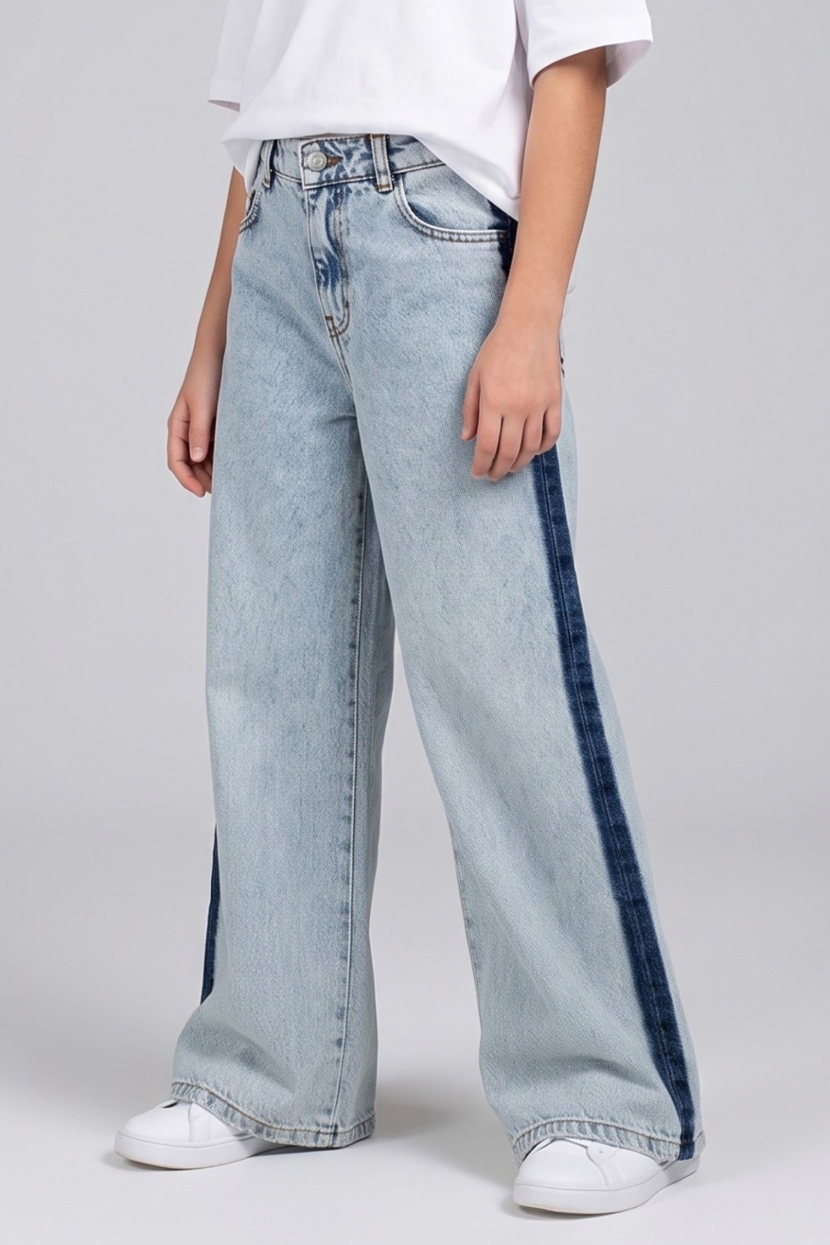 Mojo Kız Çocuk 9-14 Yaş Şerit Detaylı Palazzo Denim Pantolon Kot Mavi
