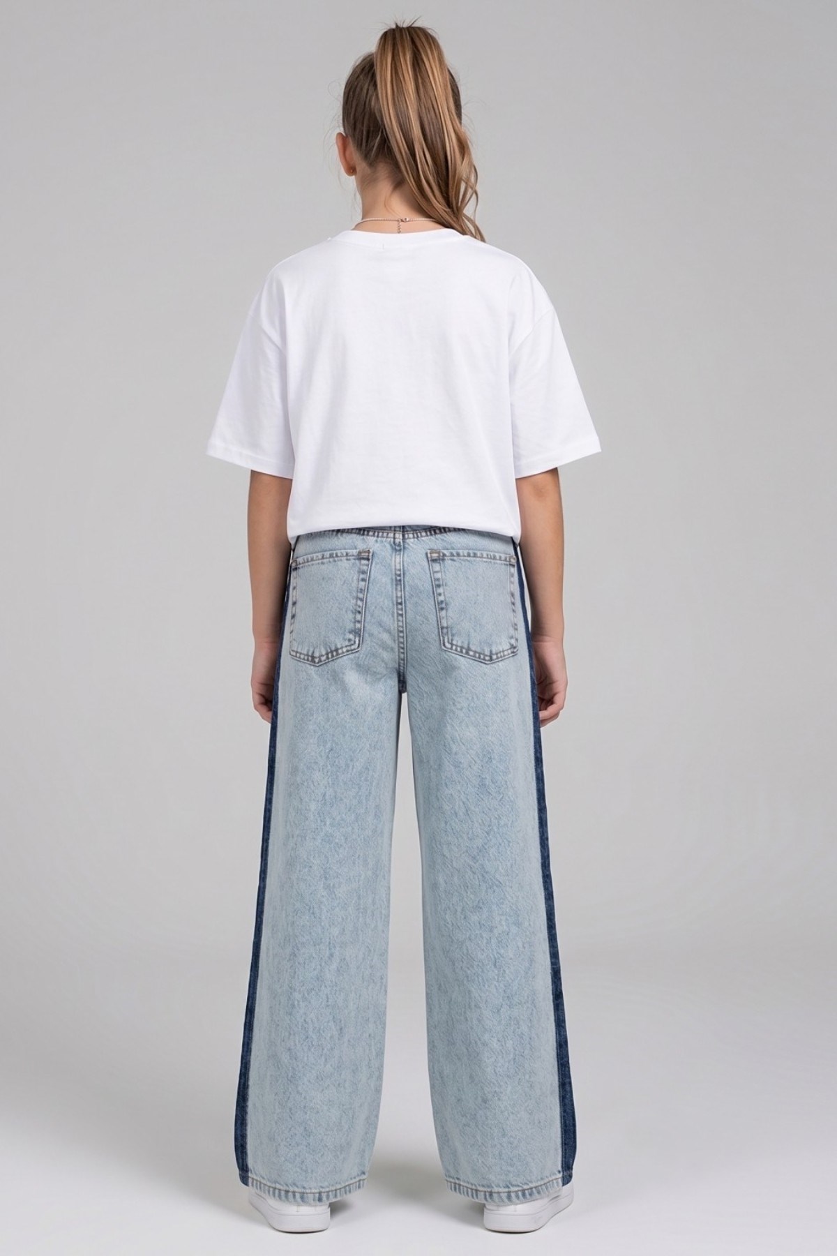 Mojo Kız Çocuk 9-14 Yaş Şerit Detaylı Palazzo Denim Pantolon Kot Mavi