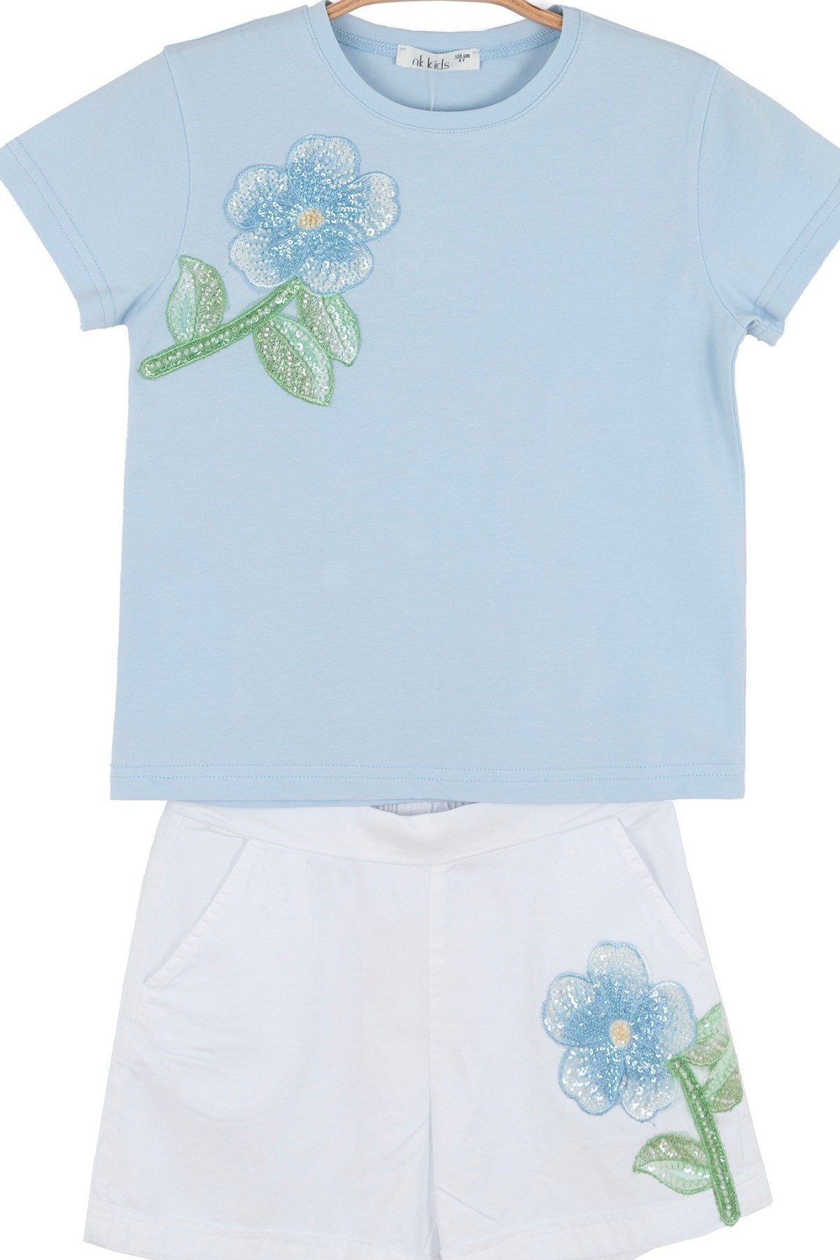 Nk Kids Kız Çocuk 4-8 Yaş Boncuk Nakışlı İkili Şortlu Takım Mavi