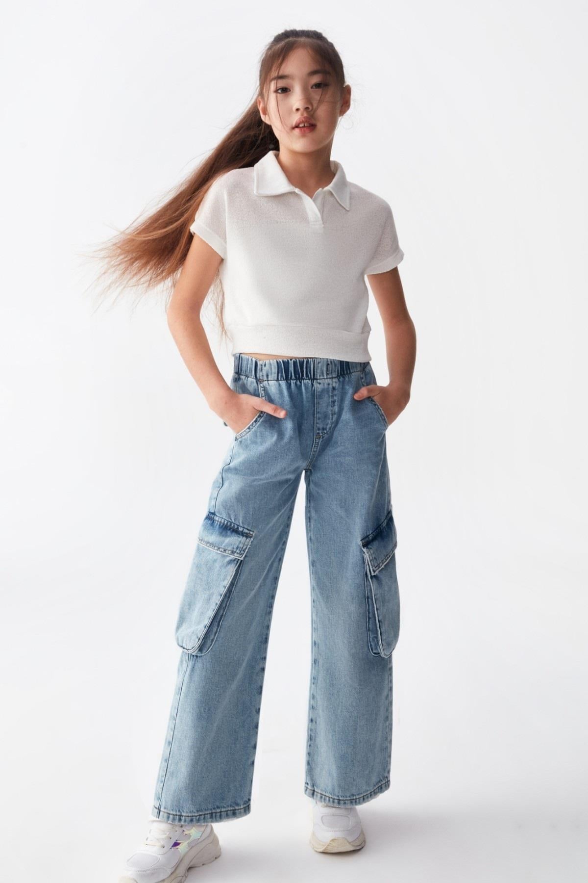 Nk Kids Kız Çocuk 8-14 Yaş Kargo Cep Bol Paça Denim Pantolon 56705 Mavi