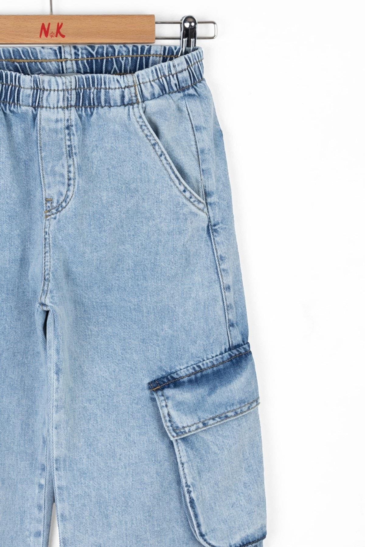 Nk Kids Kız Çocuk 8-14 Yaş Kargo Cep Bol Paça Denim Pantolon 56705 Mavi