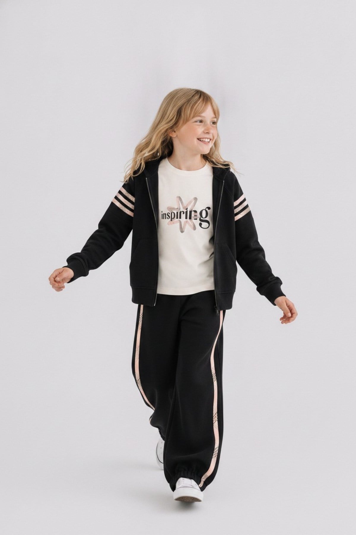 Nk Kids Kız Çocuk 8-14 Yaş Şerit Detaylı İkili Eşofman Takımı Siyah