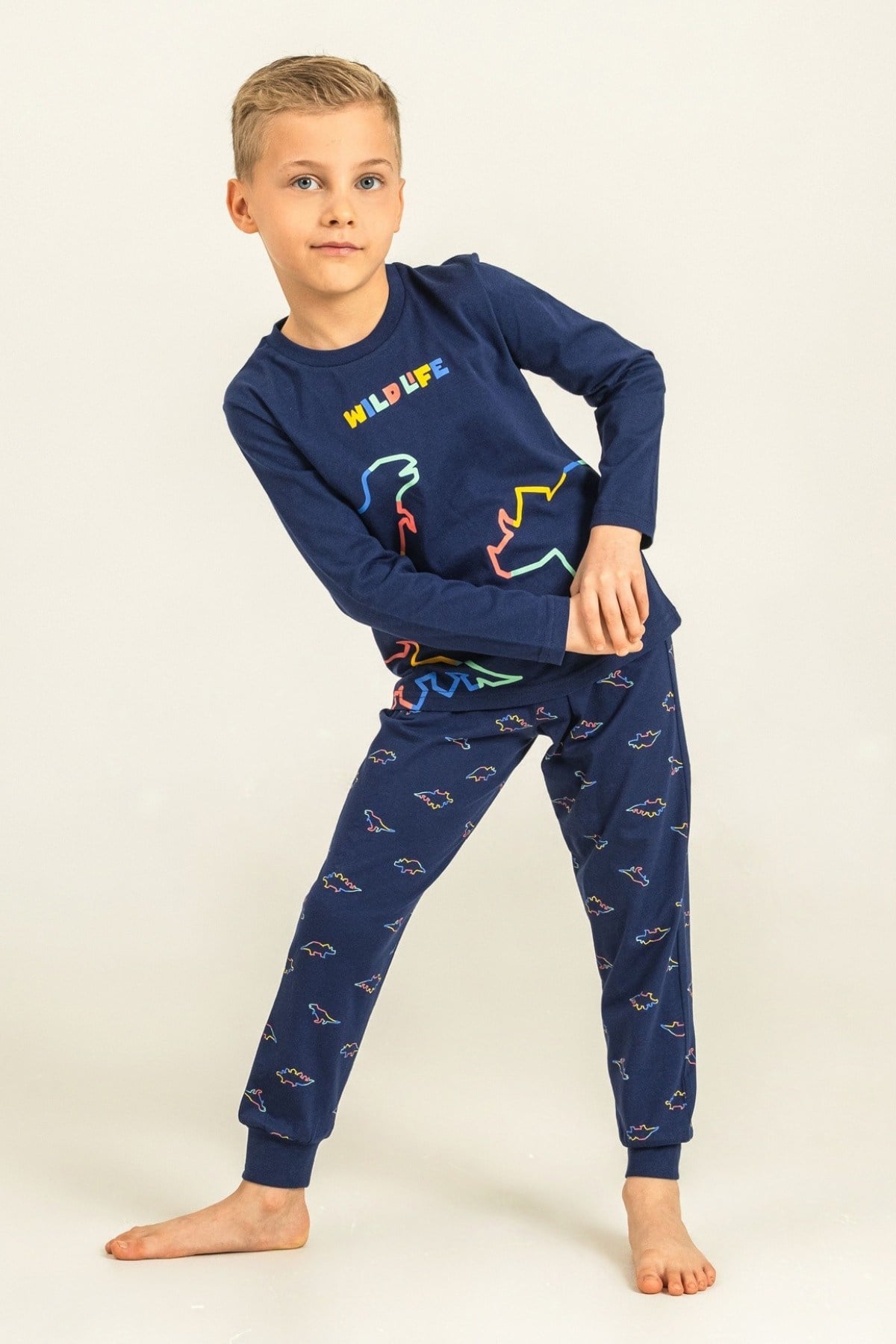 Rolypoly Erkek Çocuk 3-9 Yaş Dinazor Desenli Pijama Takımı Lacivert