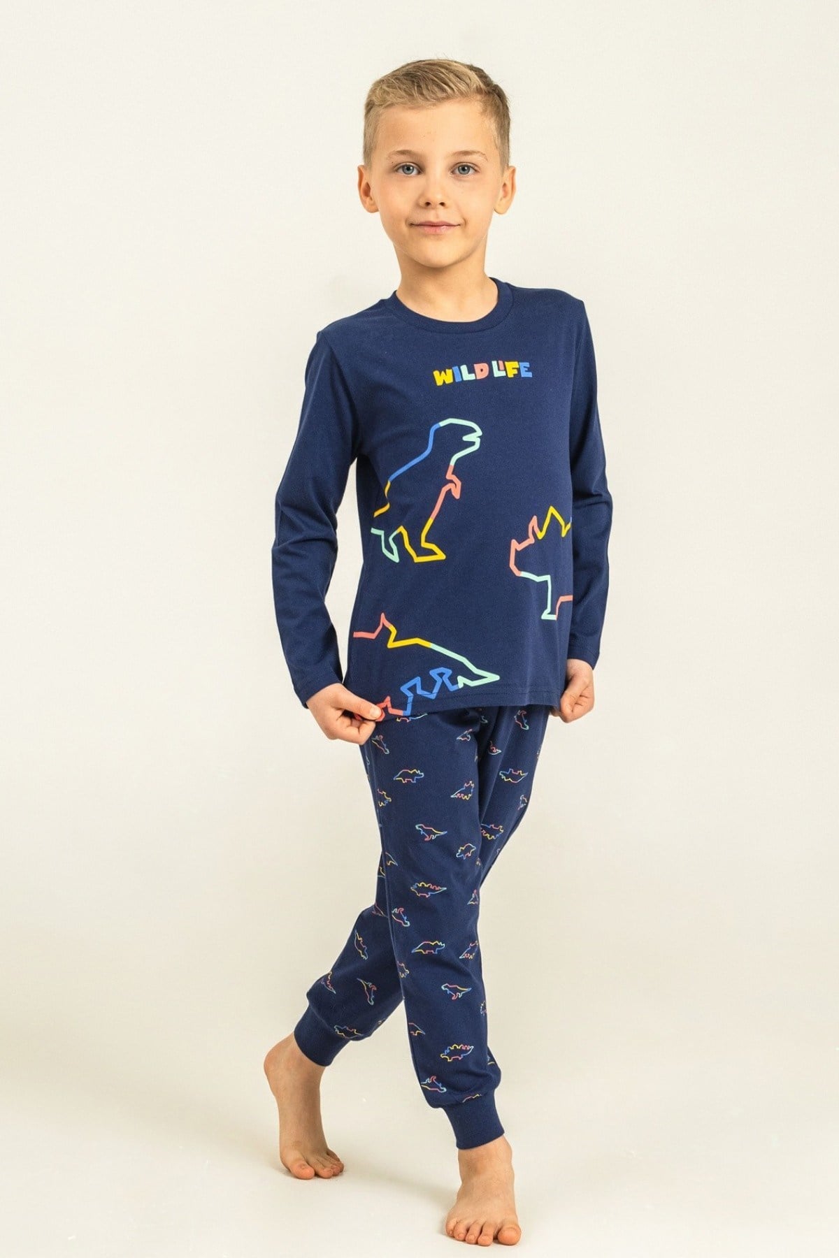 Rolypoly Erkek Çocuk 3-9 Yaş Dinazor Desenli Pijama Takımı Lacivert