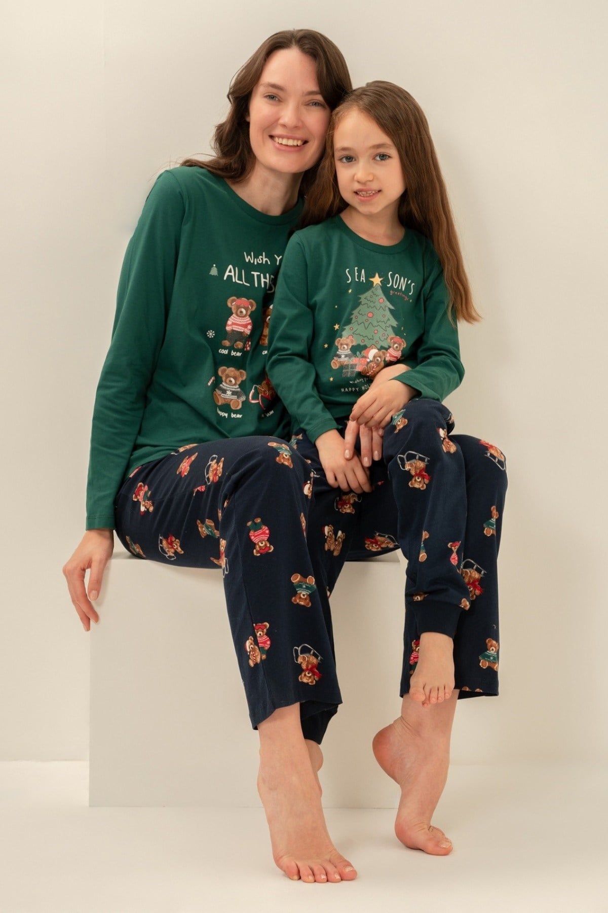 Rolypoly Kız Çocuk 3-9 Yaş Anne- Kız Ayıcık Desenli Pijama Takımı Haki