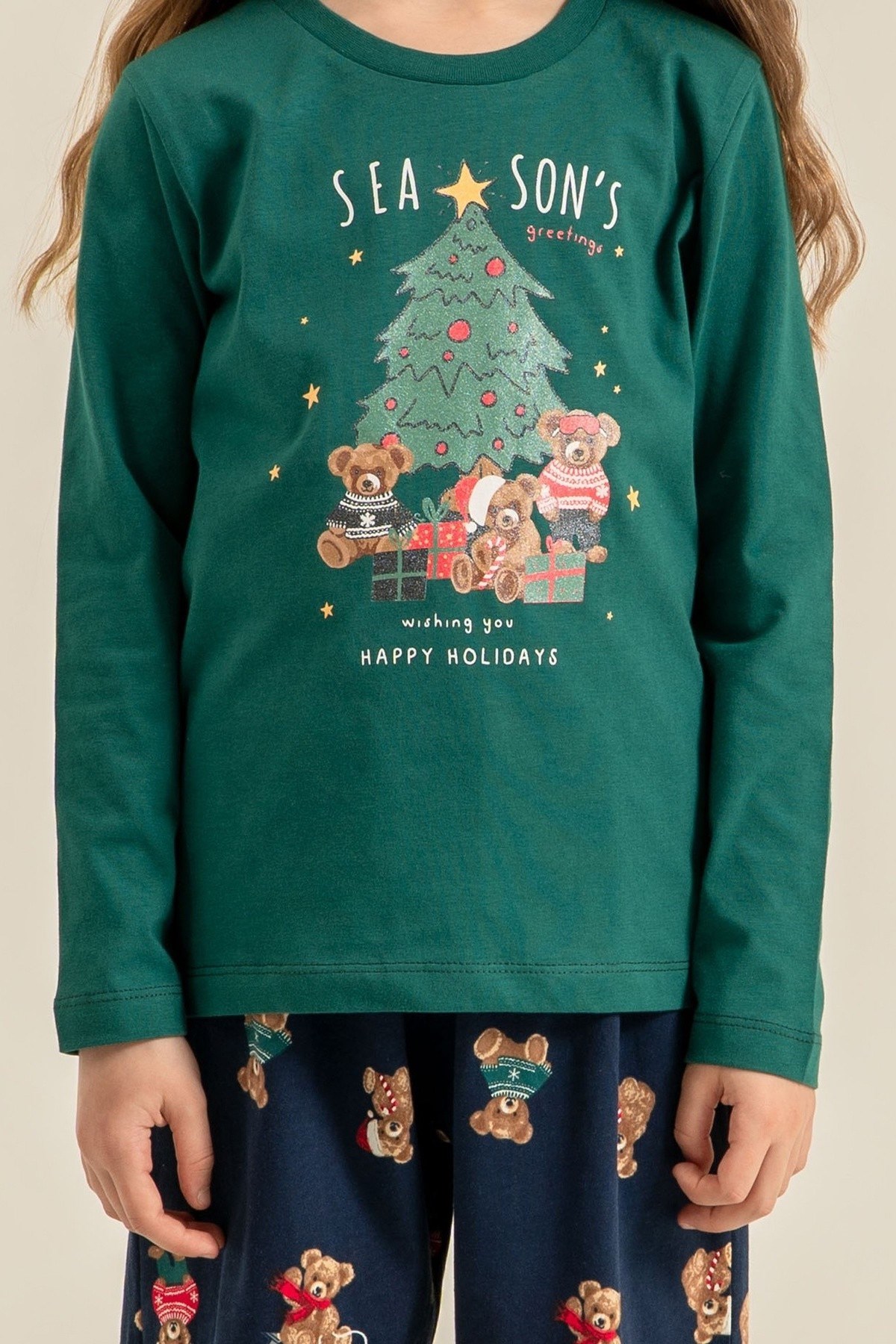 Rolypoly Kız Çocuk 3-9 Yaş Anne- Kız Ayıcık Desenli Pijama Takımı Haki