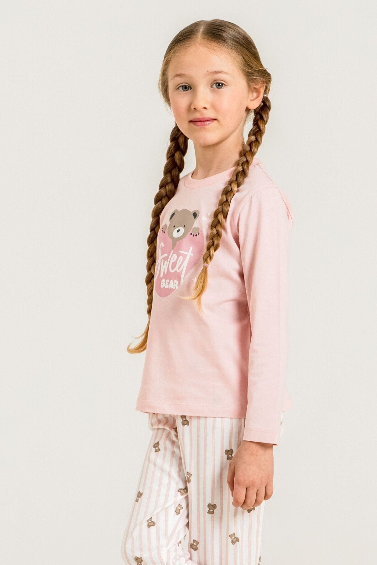 Rolypoly Kız Çocuk 3-9 Yaş Sweet Bear Desenli Pijama Takımı Pudra