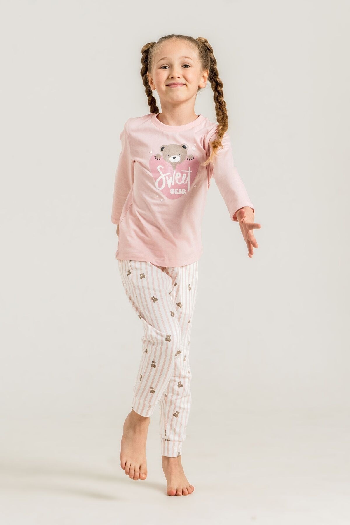 Rolypoly Kız Çocuk 3-9 Yaş Sweet Bear Desenli Pijama Takımı Pudra