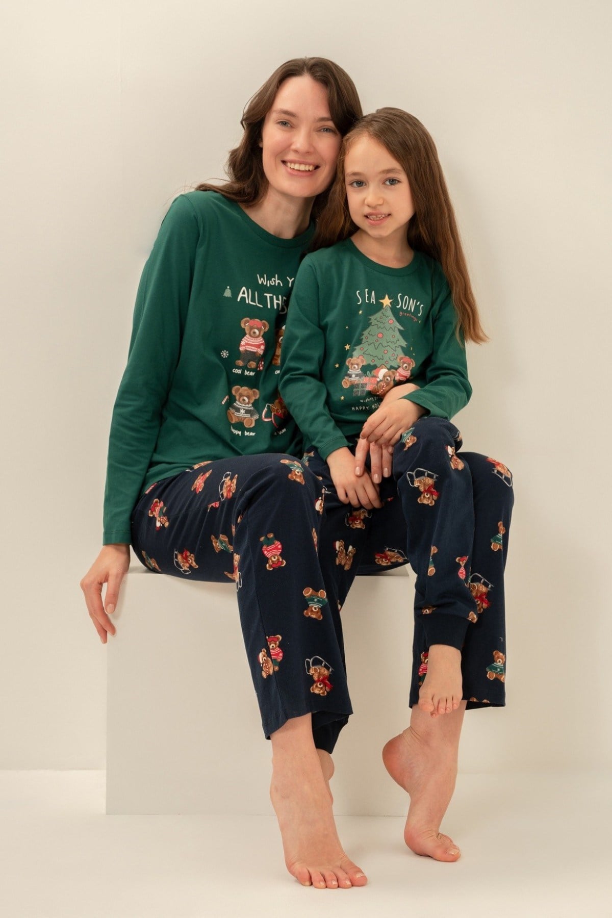 Rolypoly Kız Çocuk 9-14 Yaş Anne- Kız Ayıcık Desenli Pijama Takımı Haki