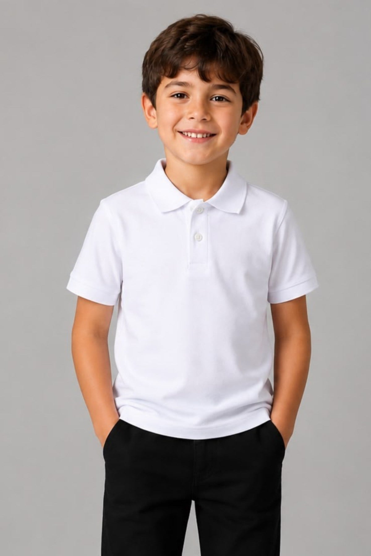 TR Unisex Çocuk Polo Yaka Kısa Kol Pamuklu Okul T-shirt Beyaz