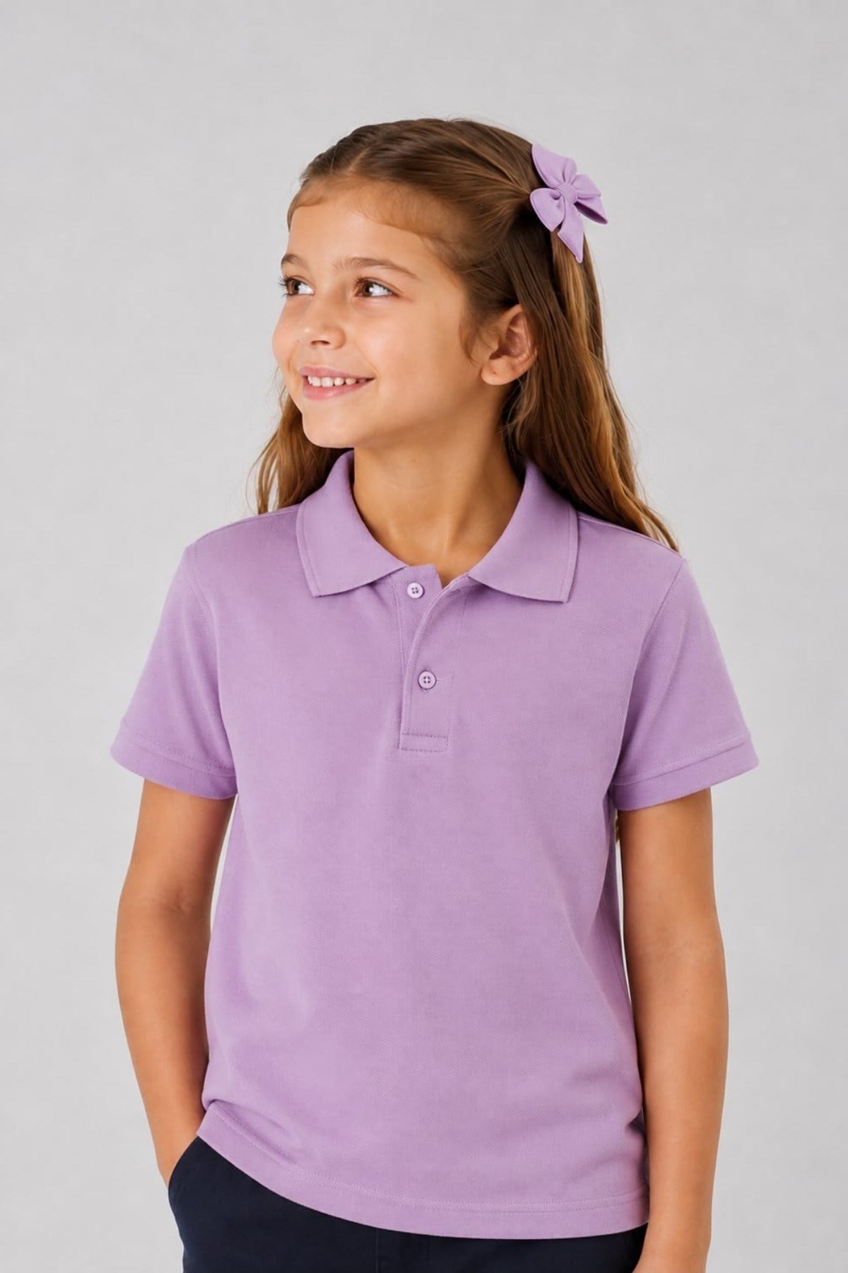TR Unisex Çocuk Polo Yaka Kısa Kol Pamuklu Okul T-shirt Lila