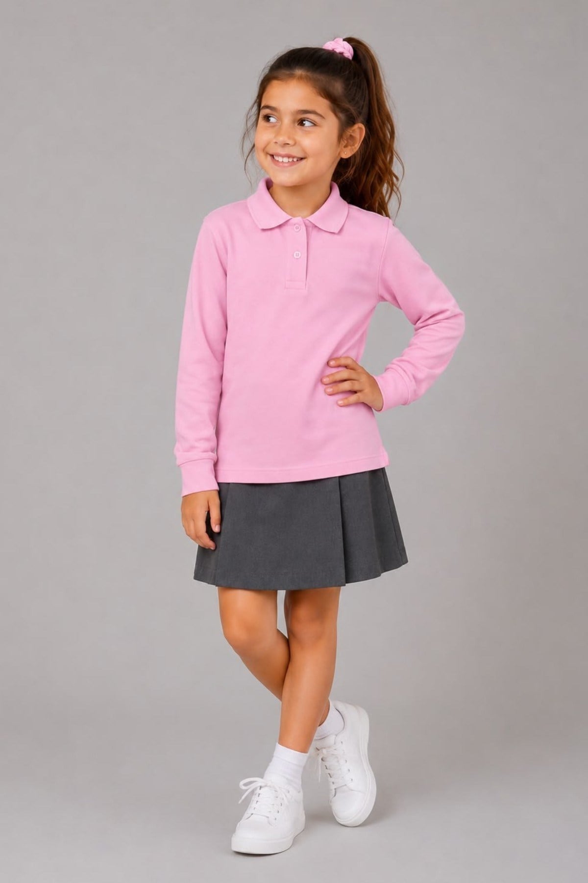 TR Unisex Çocuk Polo Yaka Uzun Kol Pamuklu Okul T-Shirt Pembe