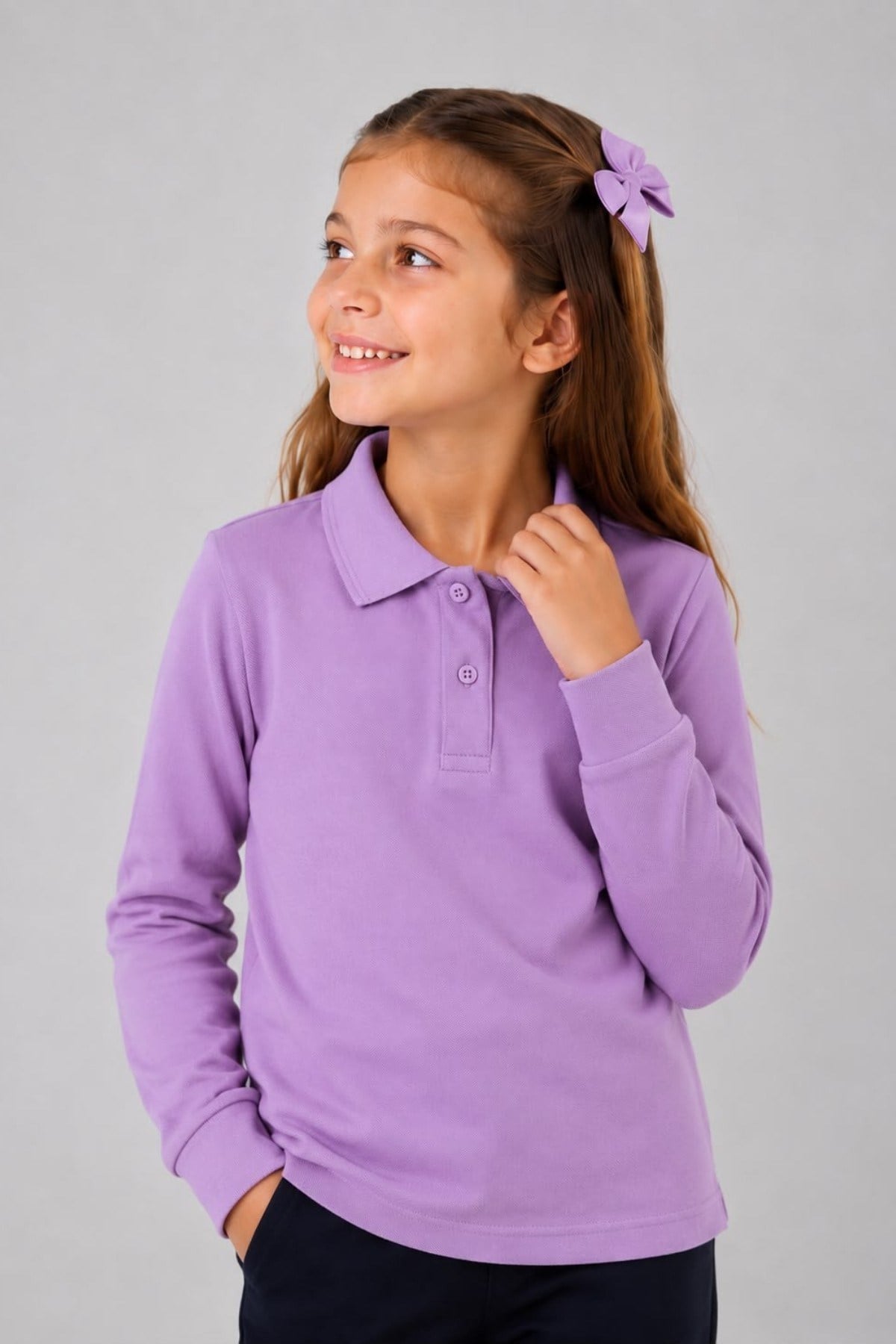TR Unisex Çocuk Polo Yaka Uzun Kol Pamuklu Okul T-Shirt Lila