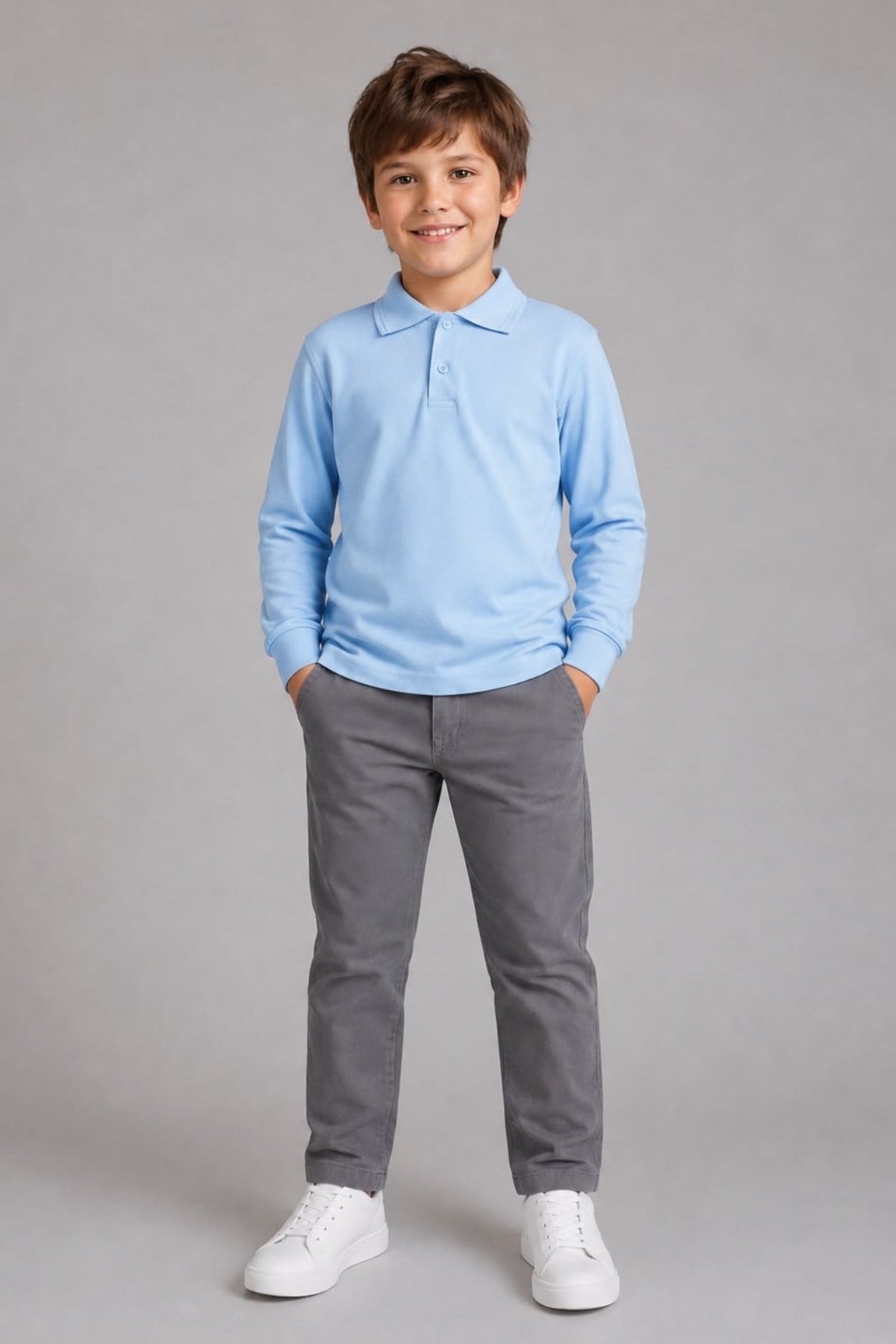 TR Unisex Çocuk Polo Yaka Uzun Kol Pamuklu Okul T-Shirt Bebe Mavi