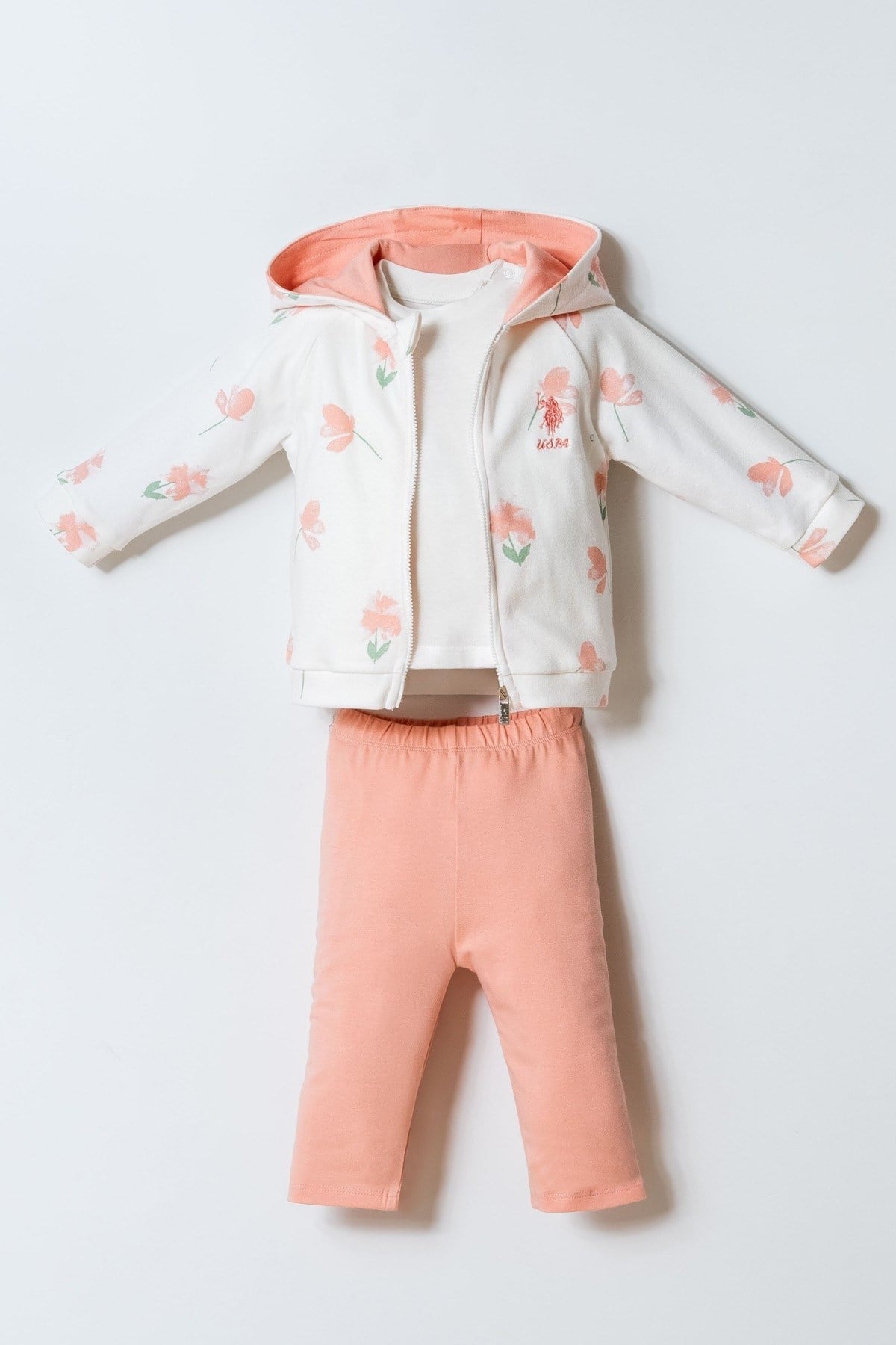 U.S. Polo Kız Bebek 6 Ay - 3 Yaş Lale Desenli Üçlü Takım Pudra