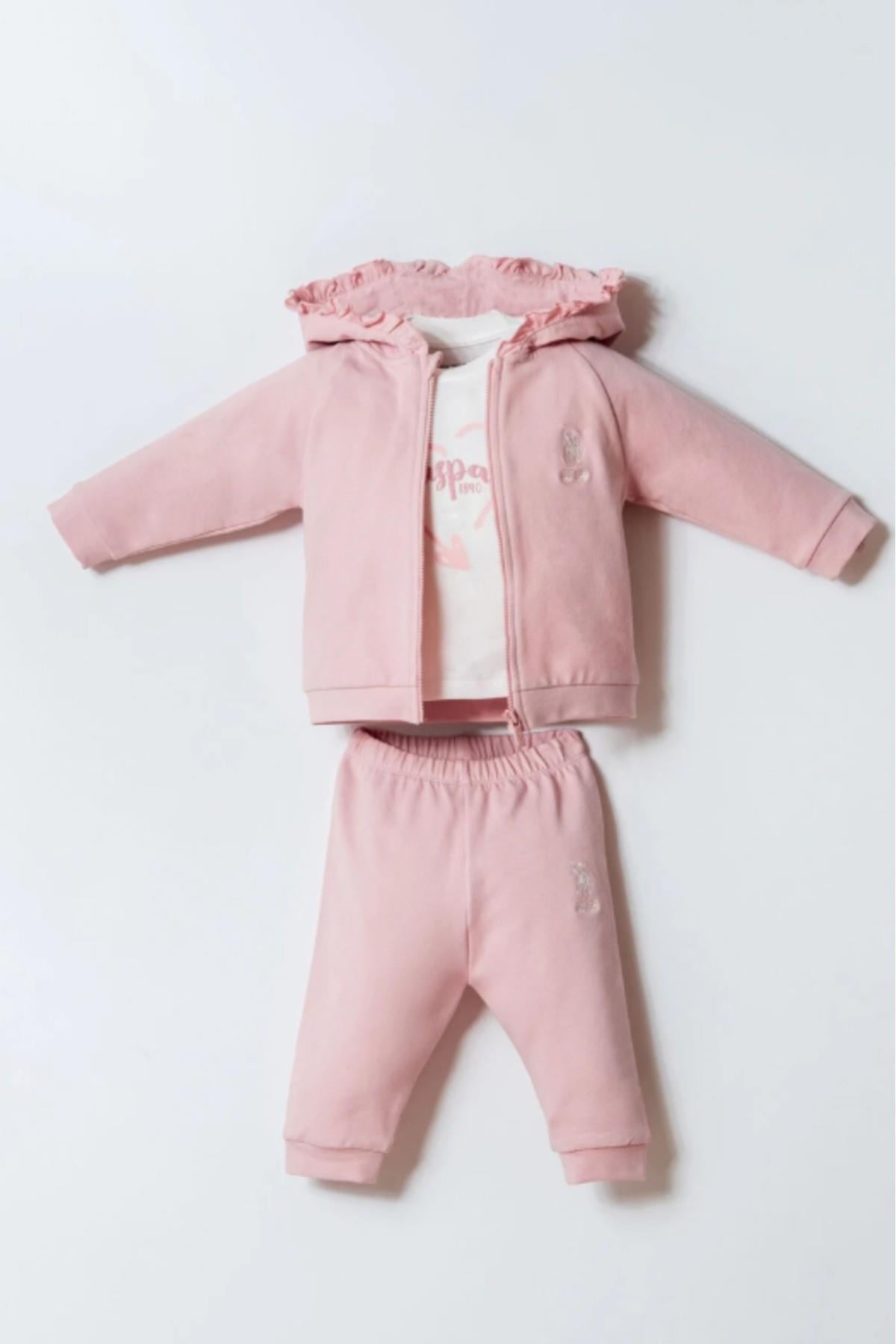 U.S. Polo Kız Bebek 6-36 Ay İki İplik Üçlü Eşofman Takımı Pembe