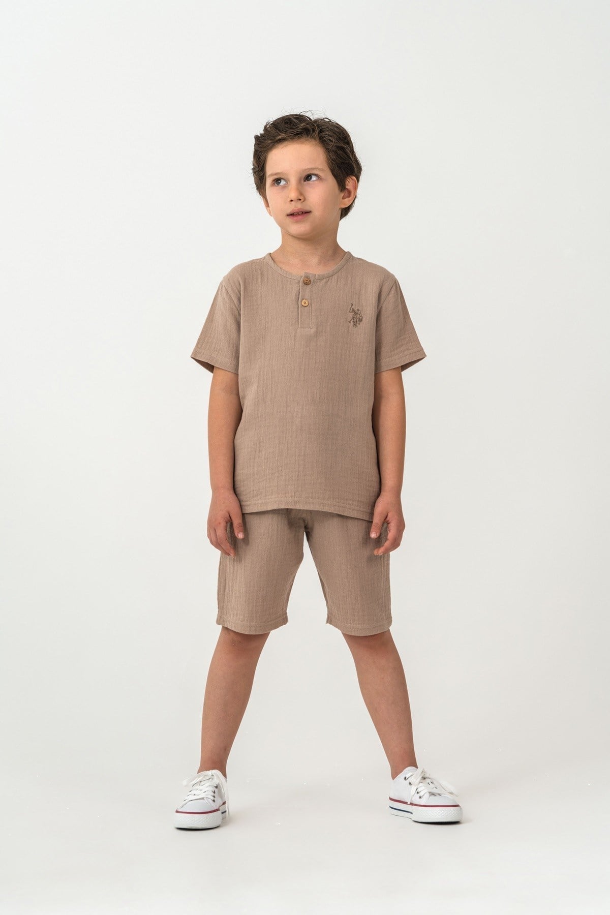 U.S. Polo Erkek Çocuk 4-14 Yaş Şortlu Müslin Takım Bej