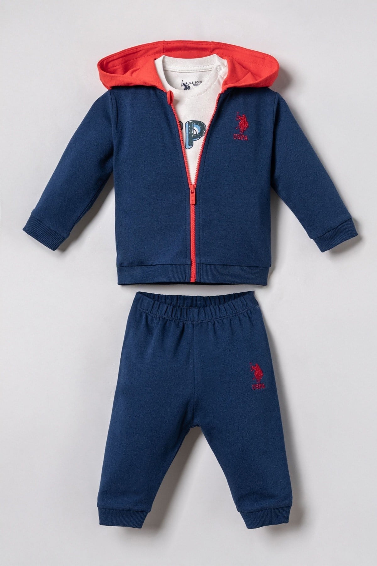 U.S. Polo Erkek Bebek 6 Ay-3 Yaş Baskılı Hırkalı Üçlü Takım Lacivert