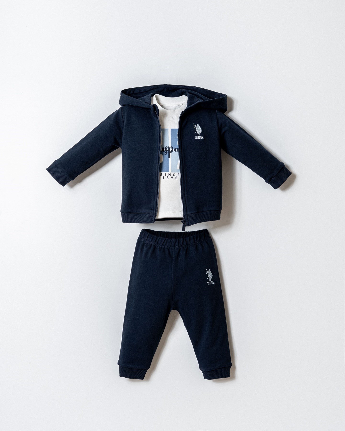 U.S. Polo Erkek Bebek 6 Ay- 3 Yaş Kapüşonlu Hırkalı Üçlü Takım Lacivert