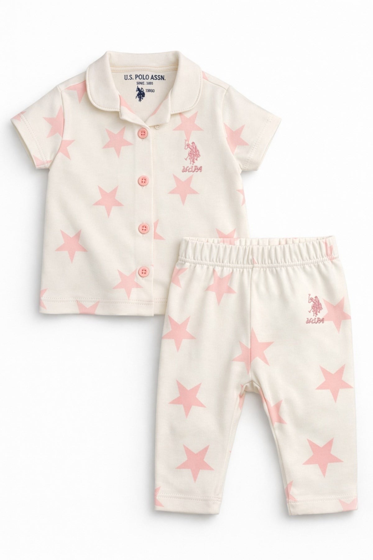 U.S. Polo Kız Bebek 6 Ay-3 Yaş Yıldız Desen Düğmeli Pijama Takımı Ekru