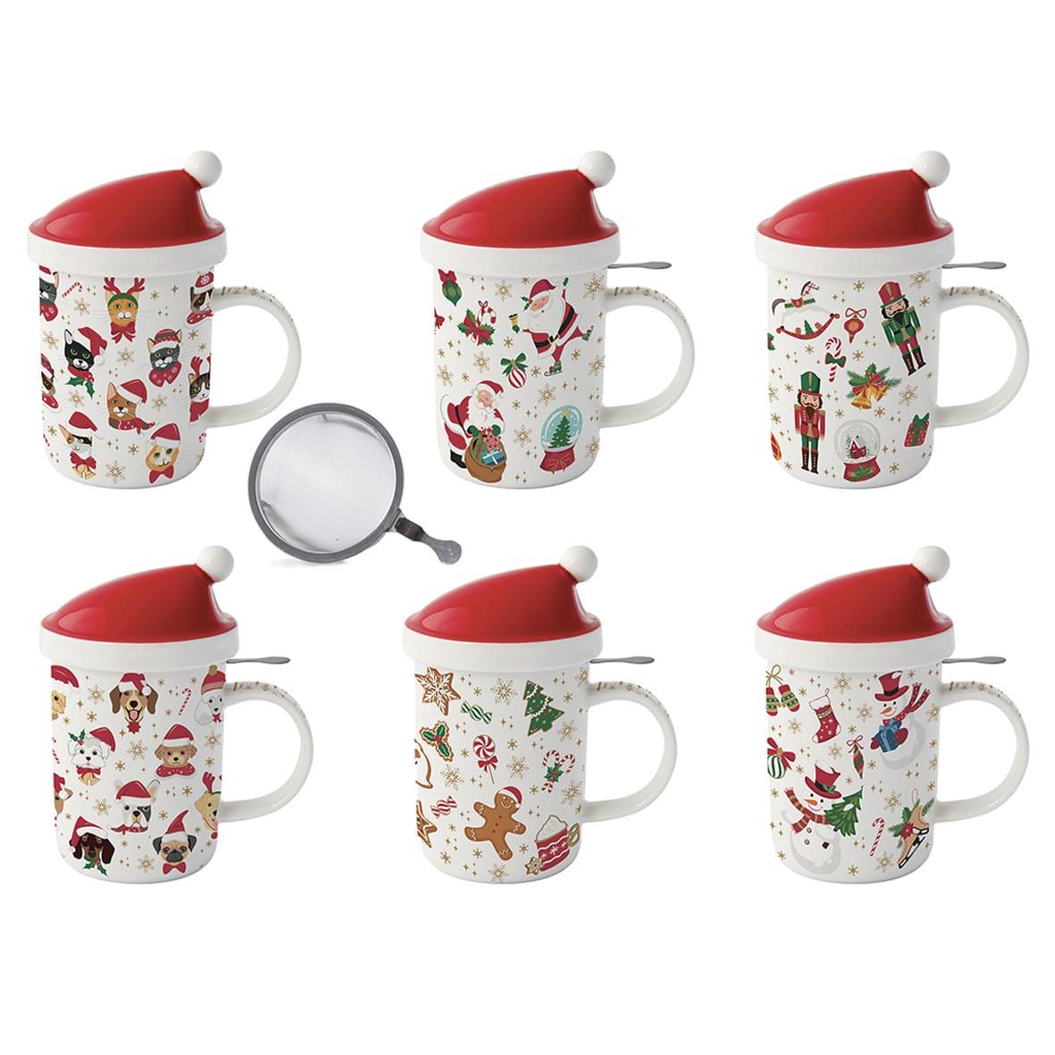 Design of LuxuryEASY LİFE1345 CRFREasy Life Christmas Friends Porselen Kupa, Kapaklı ve Metal Demlikli 370 ml 6 Farklı Tasarım
