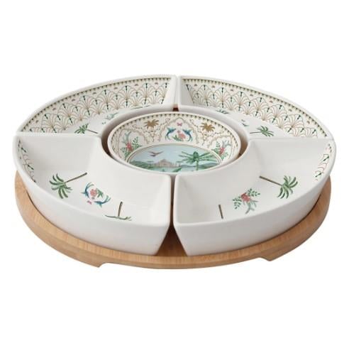 Design of LuxuryEASY LİFE1469 PASAEasy Life Paradise Sauvage Meze Seti 25 cm, 5 Porselen Kase, Bambu Tepsi Üzerinde