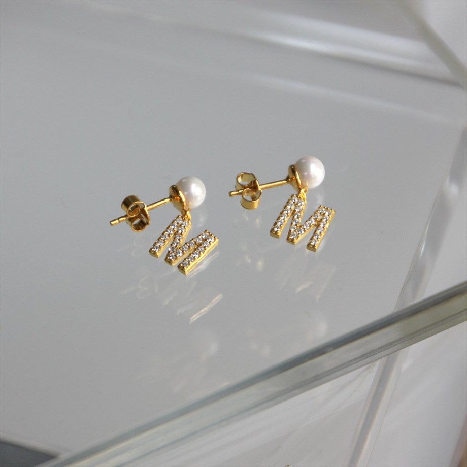 İncili ve Taşlı Harf Küpe - Çivi - 925 Ayar Gümüş