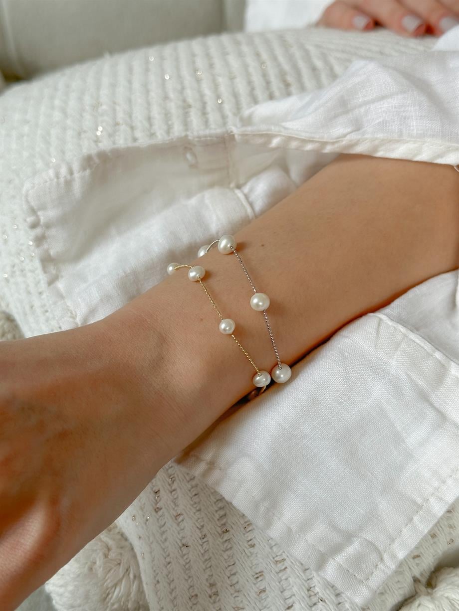 İncili Zincir Bileklik - TEK  - 925 Ayar Gümüş