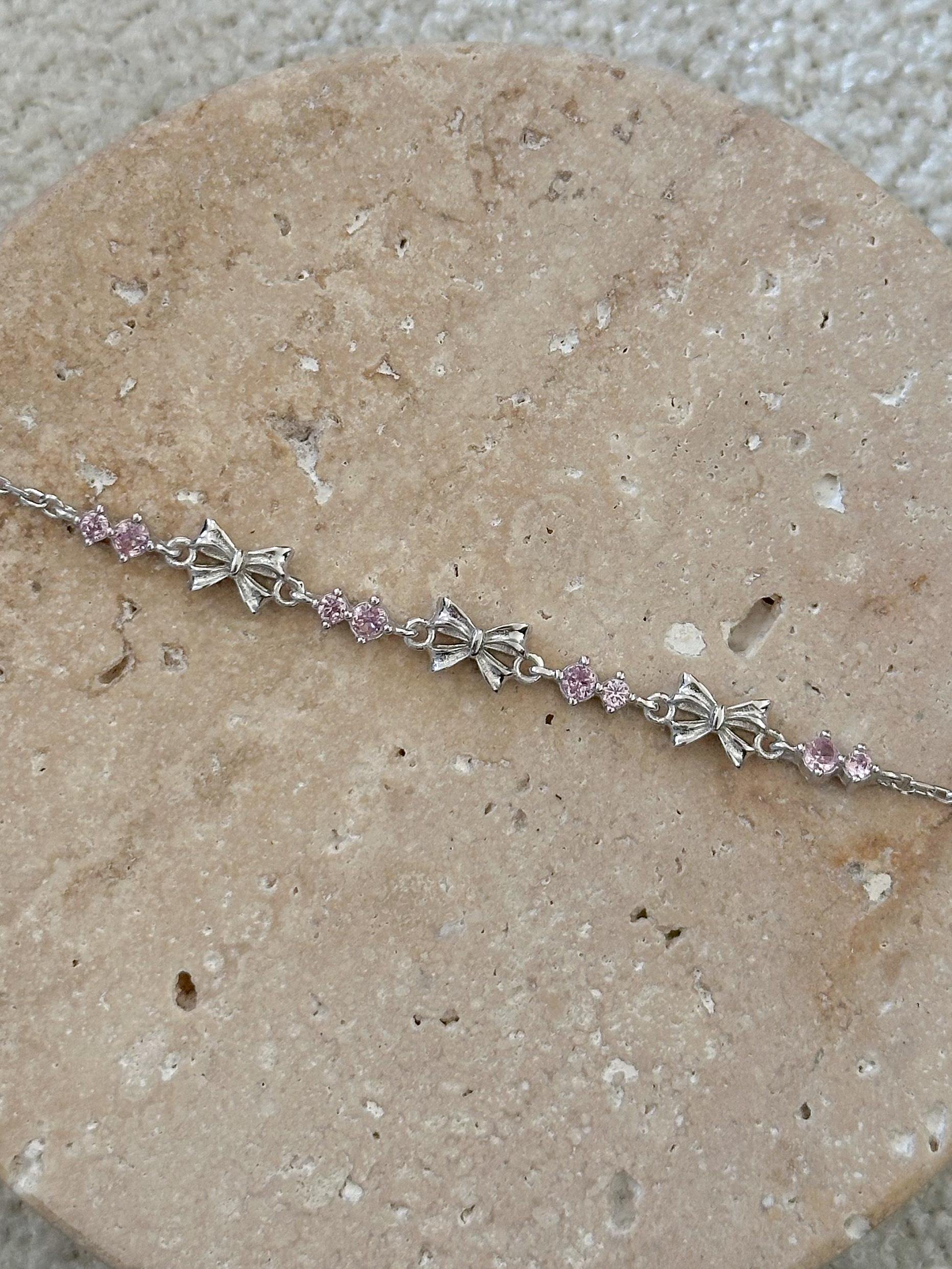 Pembe Taşlı Sıralı Fiyonk Bileklik -  925 Ayar Gümüş