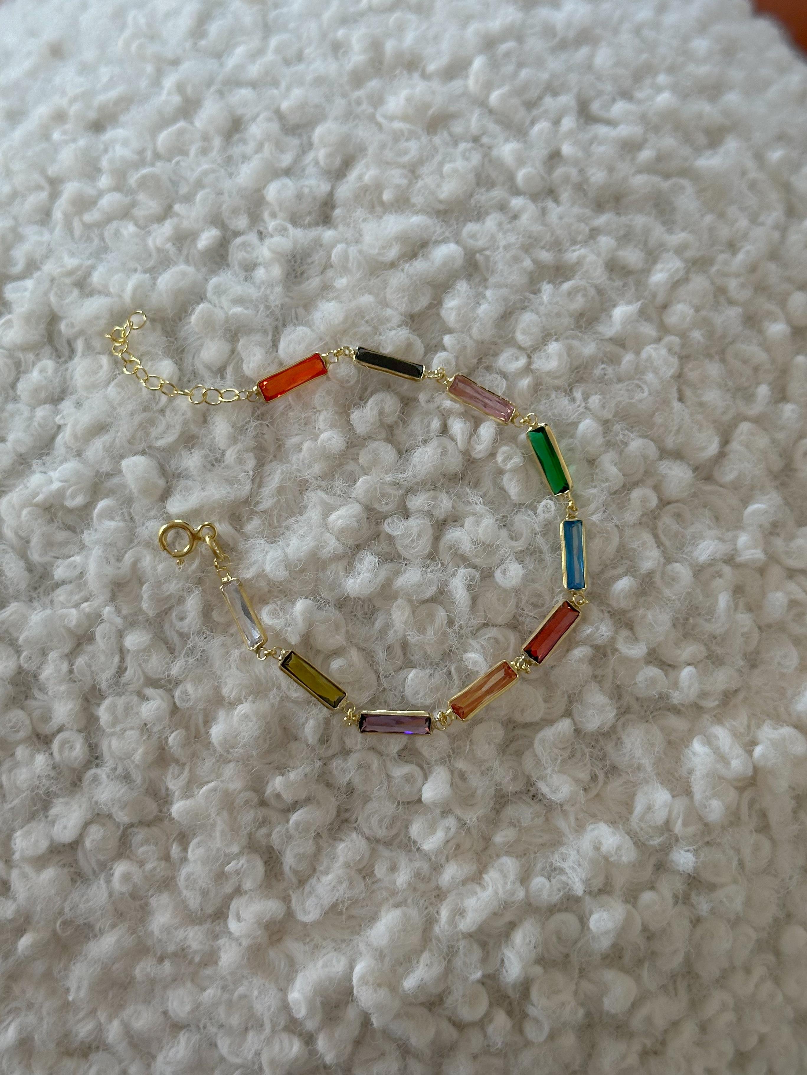 Renkli Büyük Baget Taşlı Bileklik -  925 Ayar Gümüş