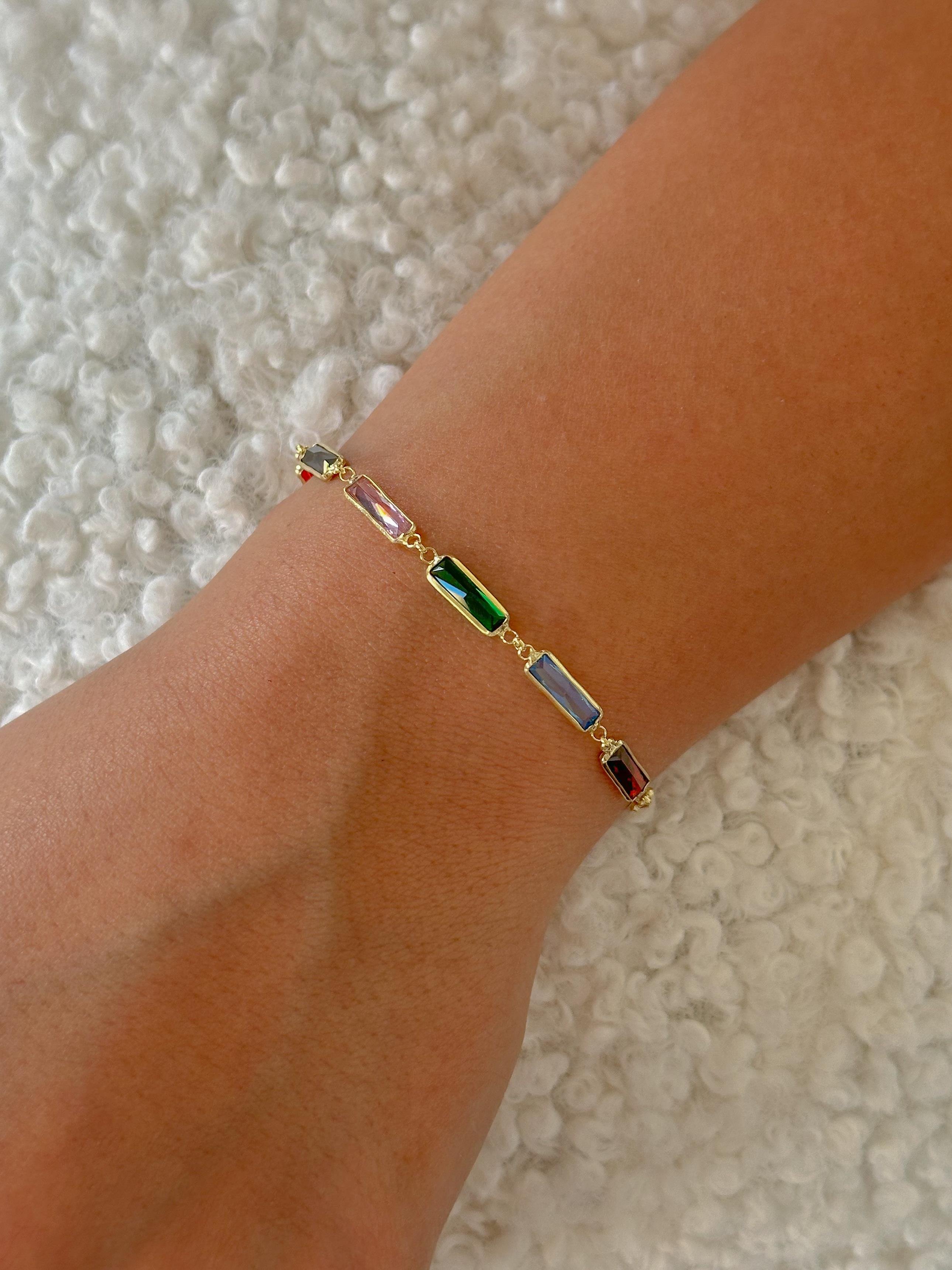 Renkli Büyük Baget Taşlı Bileklik -  925 Ayar Gümüş