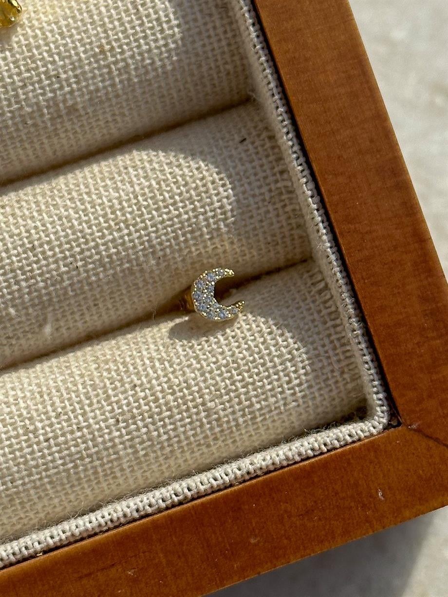 Taşlı Ay Piercing - 925 Ayar Gümüş