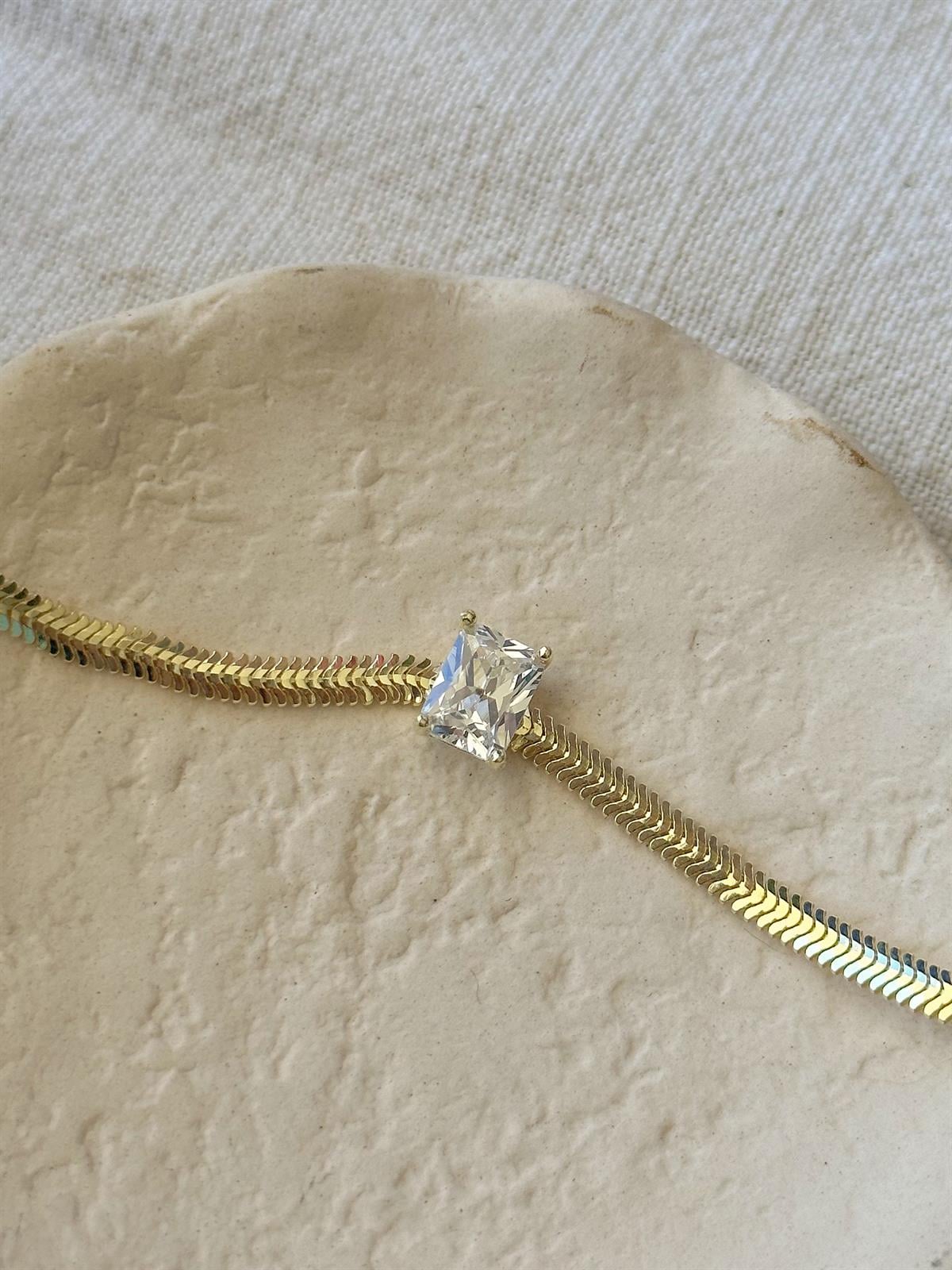 Taşlı Yassı Bileklik - TEK  - 925 Ayar Gümüş