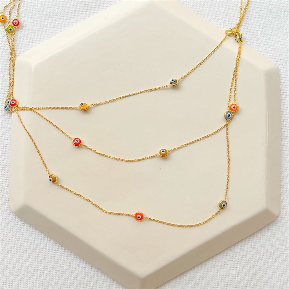 Üç Sıra Göz Figürlü Kolye - 925 Ayar Gümüş